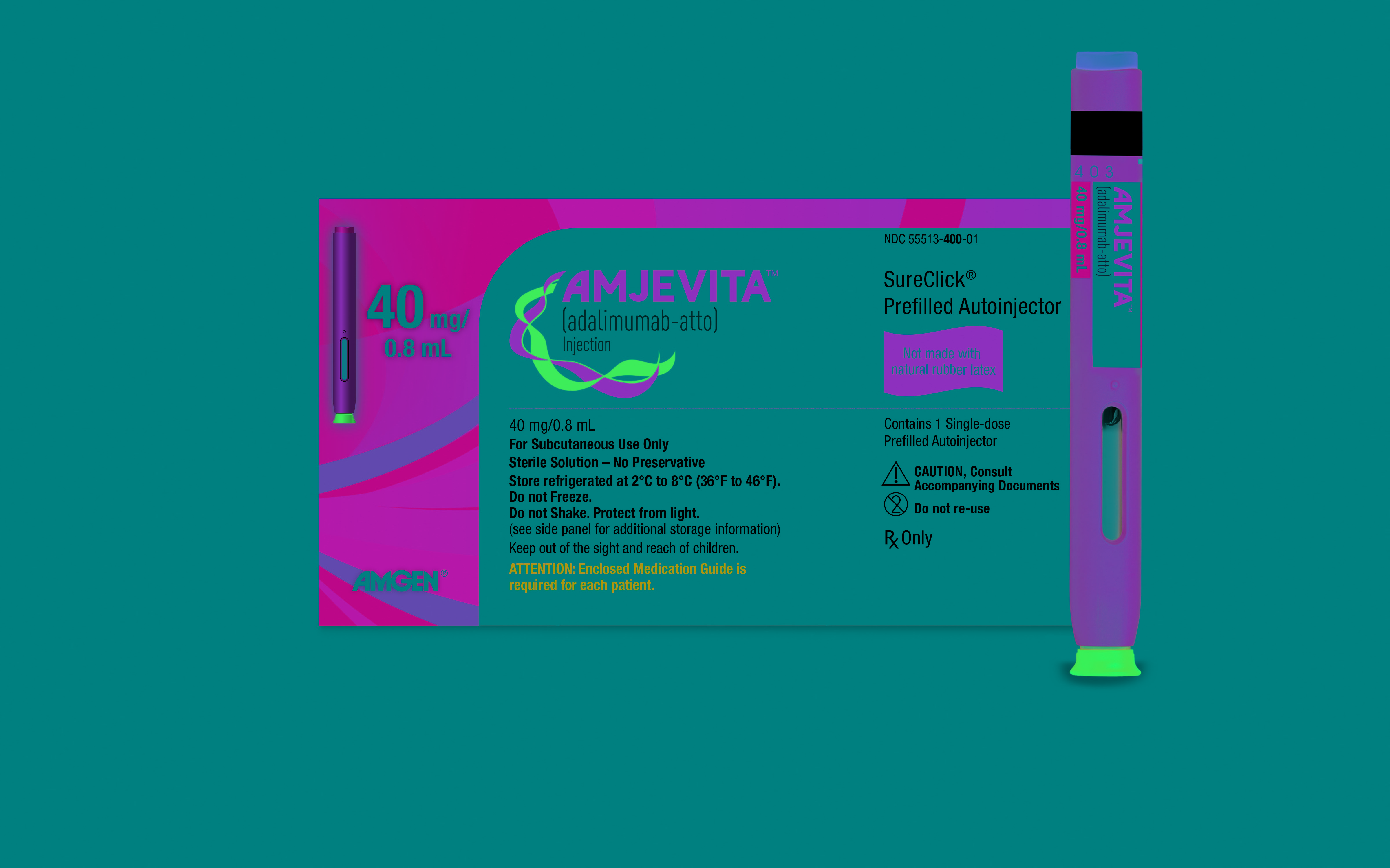 An illustration of the packaging for Amgen Inc's Amjevita as well as the 40 milligram auto injector containing a bio similar version of AbbVie's Inc's Humira