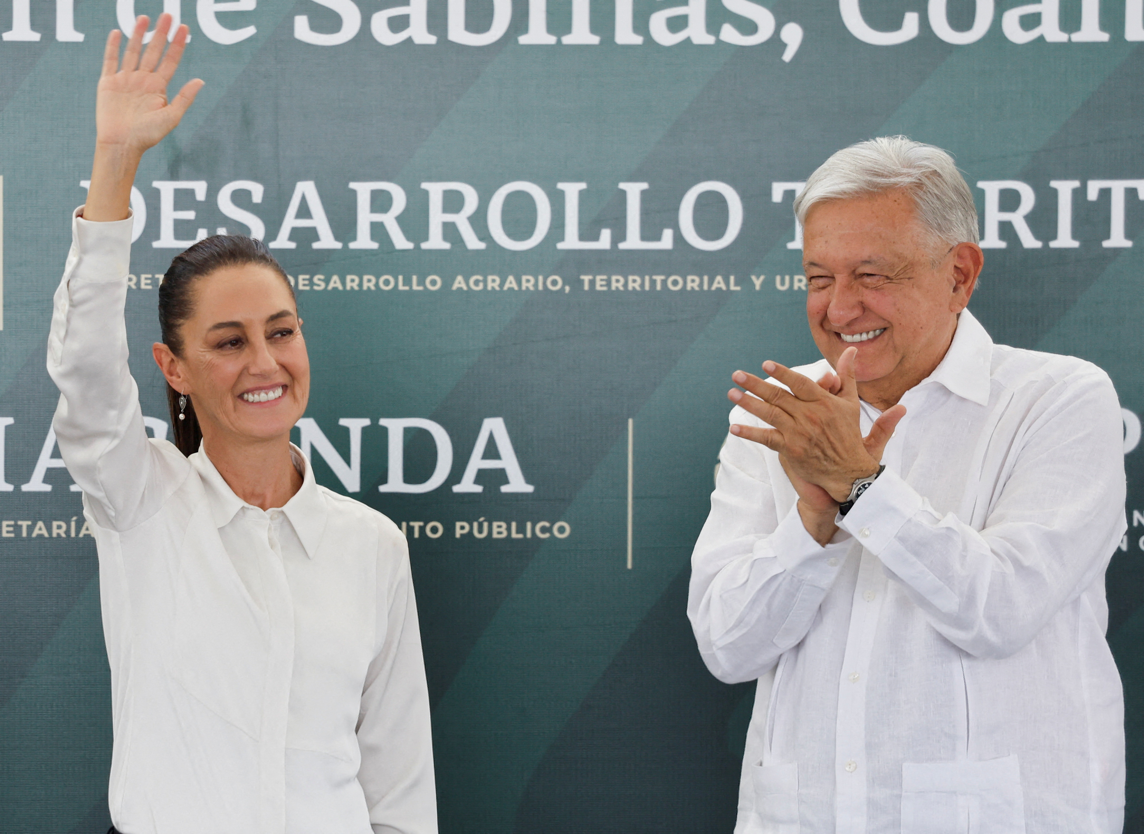 Mexico's President Andres Manuel Lopez Obrador and President-elect Claudia Sheinbaum hold an event with relatives of Pasta de Conchos miners, in Nueva Rosita