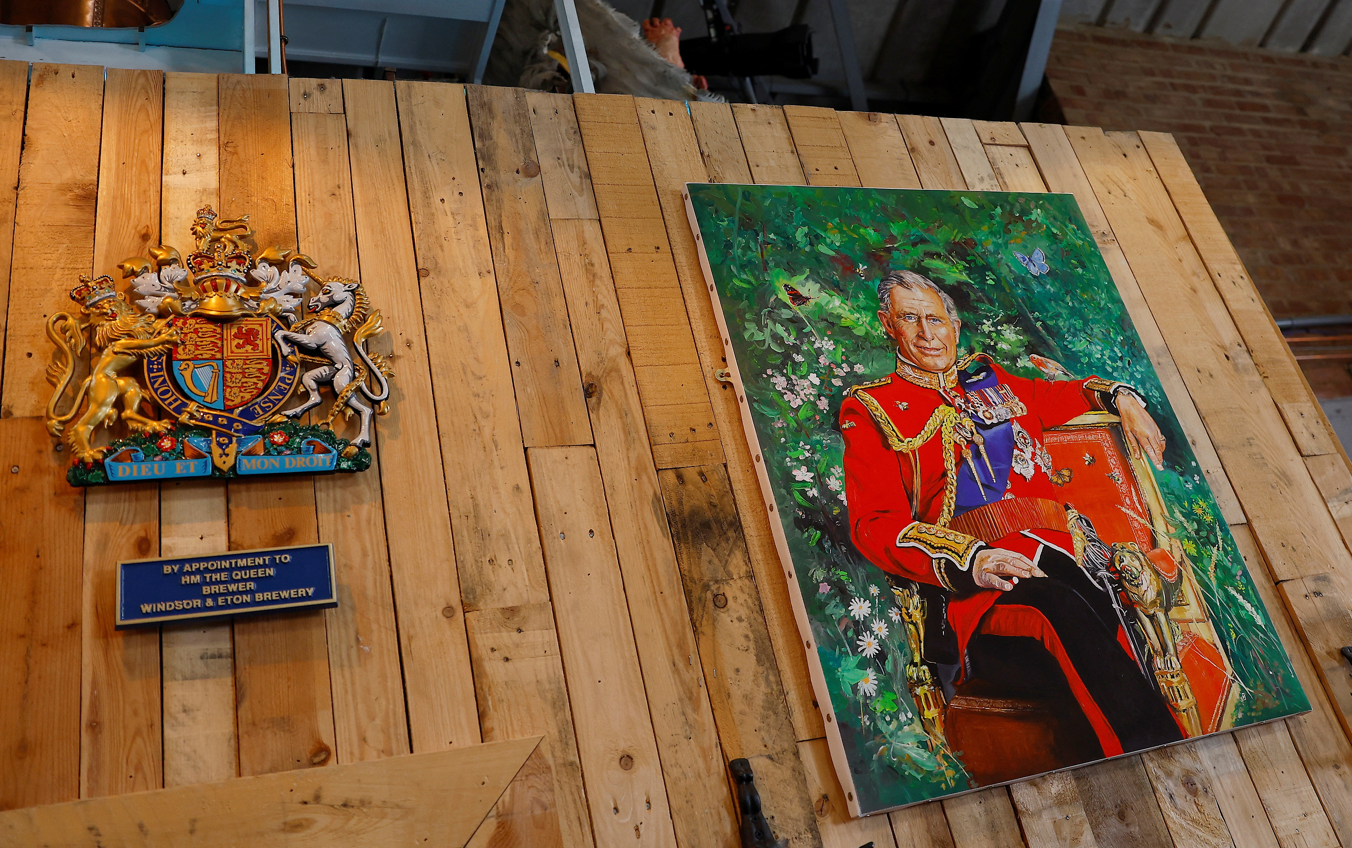 A print of the picture of Britain's King Charles, used on the bottles of a coronation ale called Return Of The King