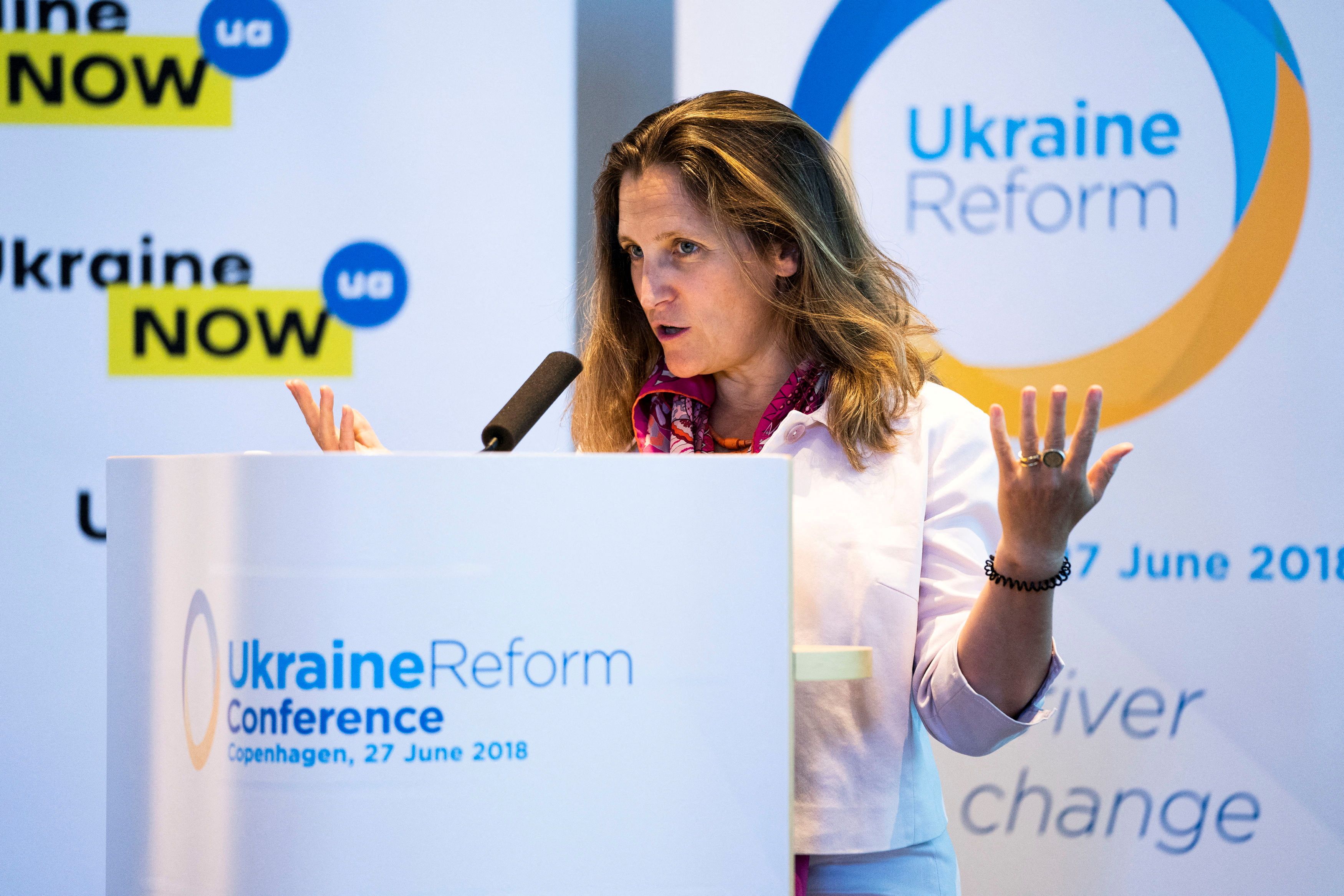Canada's Foreign Minister Chrystia Freeland speaks during the international Ukraine Reform Conference in Copenhagen