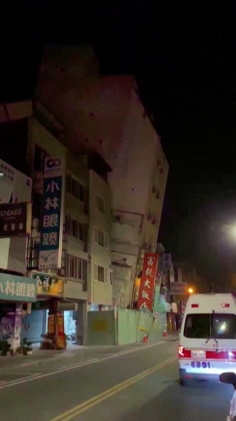 A hotel, which is not in operation after it was previously damaged in an earlier quake on April 3, tilts to one side following a series of earthquakes, in Hualien