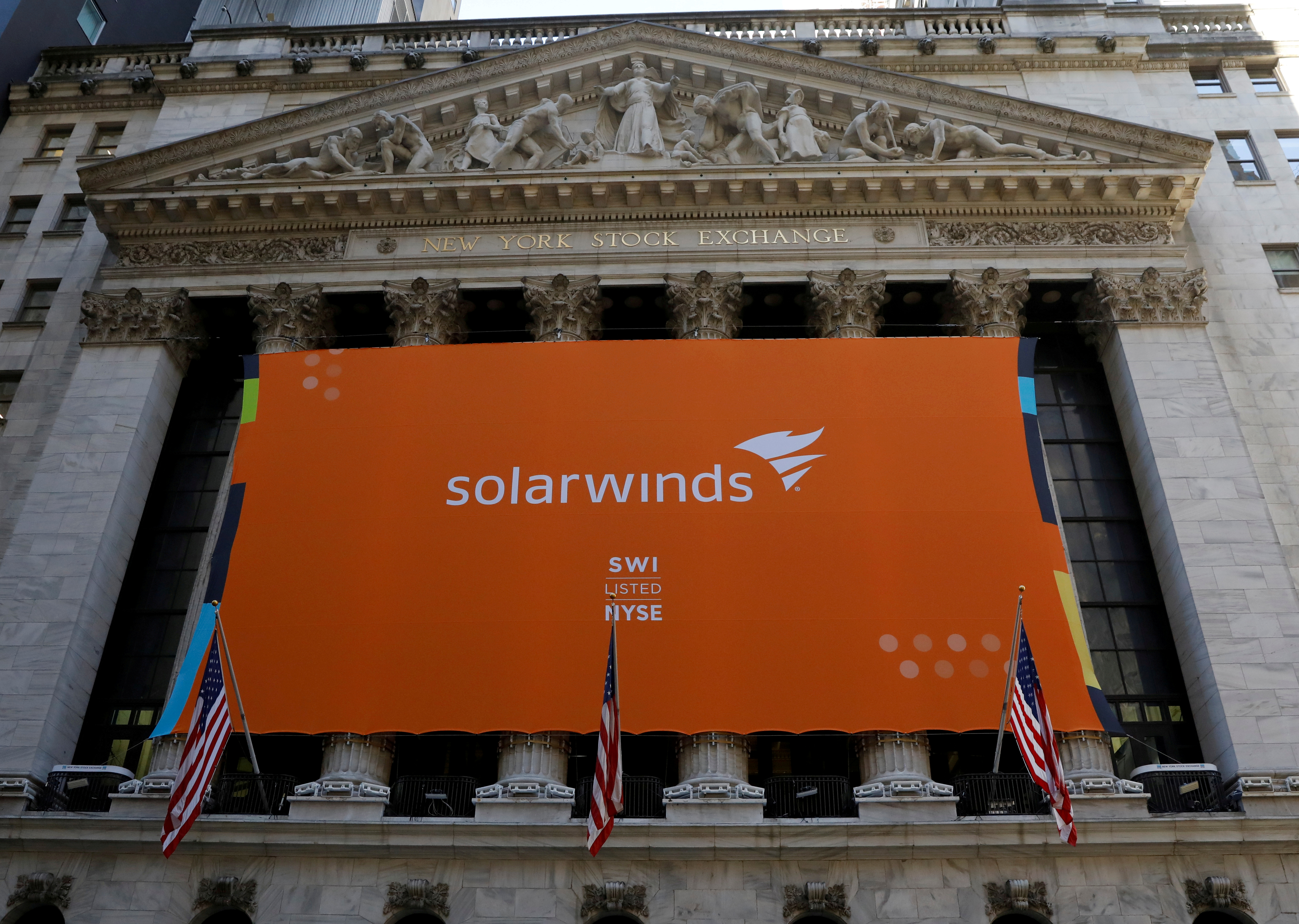SolarWinds Corp banner hangs at the New York Stock Exchange (NYSE) on the IPO day of the company in New York, U.S., October 19, 2018. REUTERS/Brendan McDermid