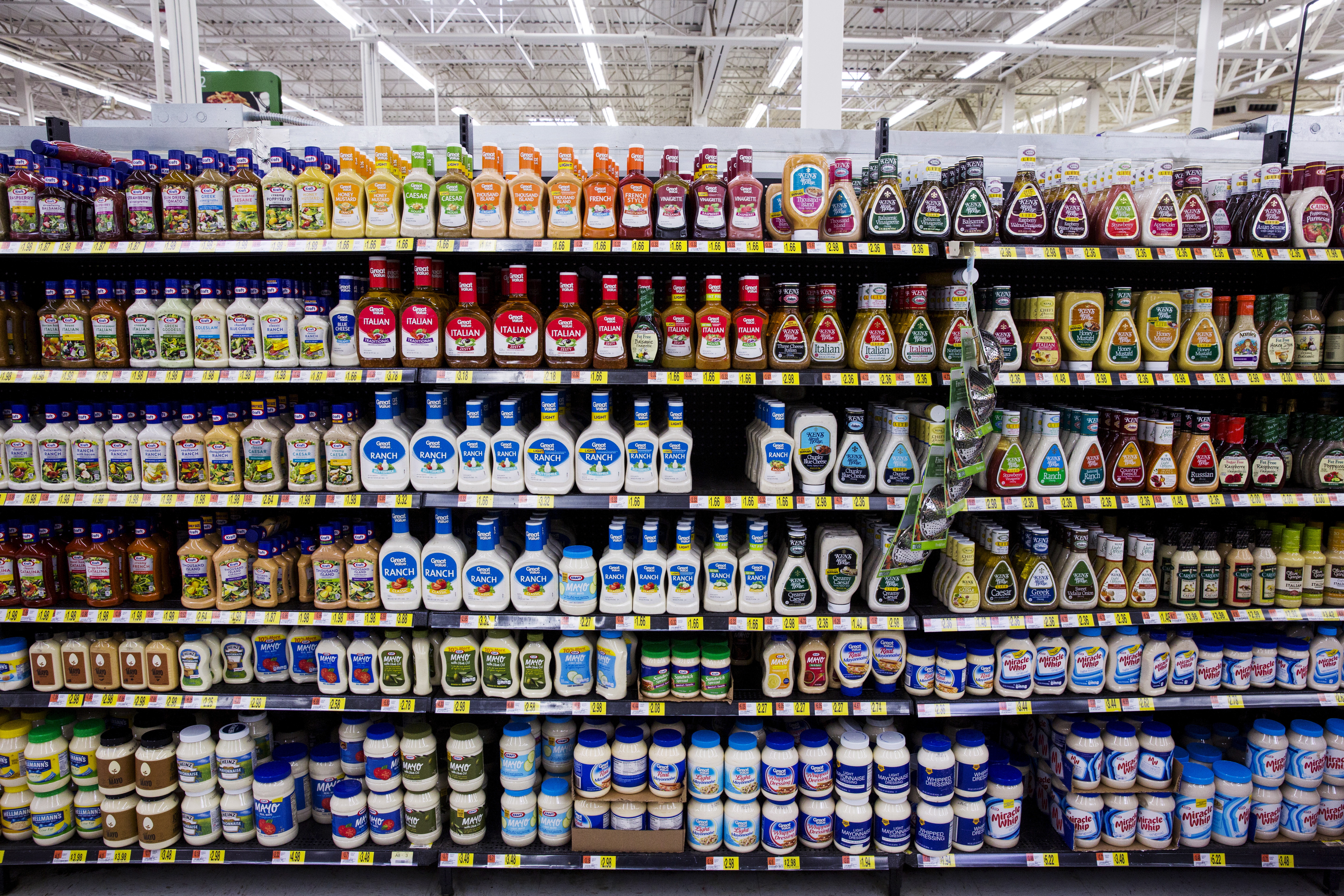 Salad dressings are displayed at a Walmart store in Secaucus, New Jersey