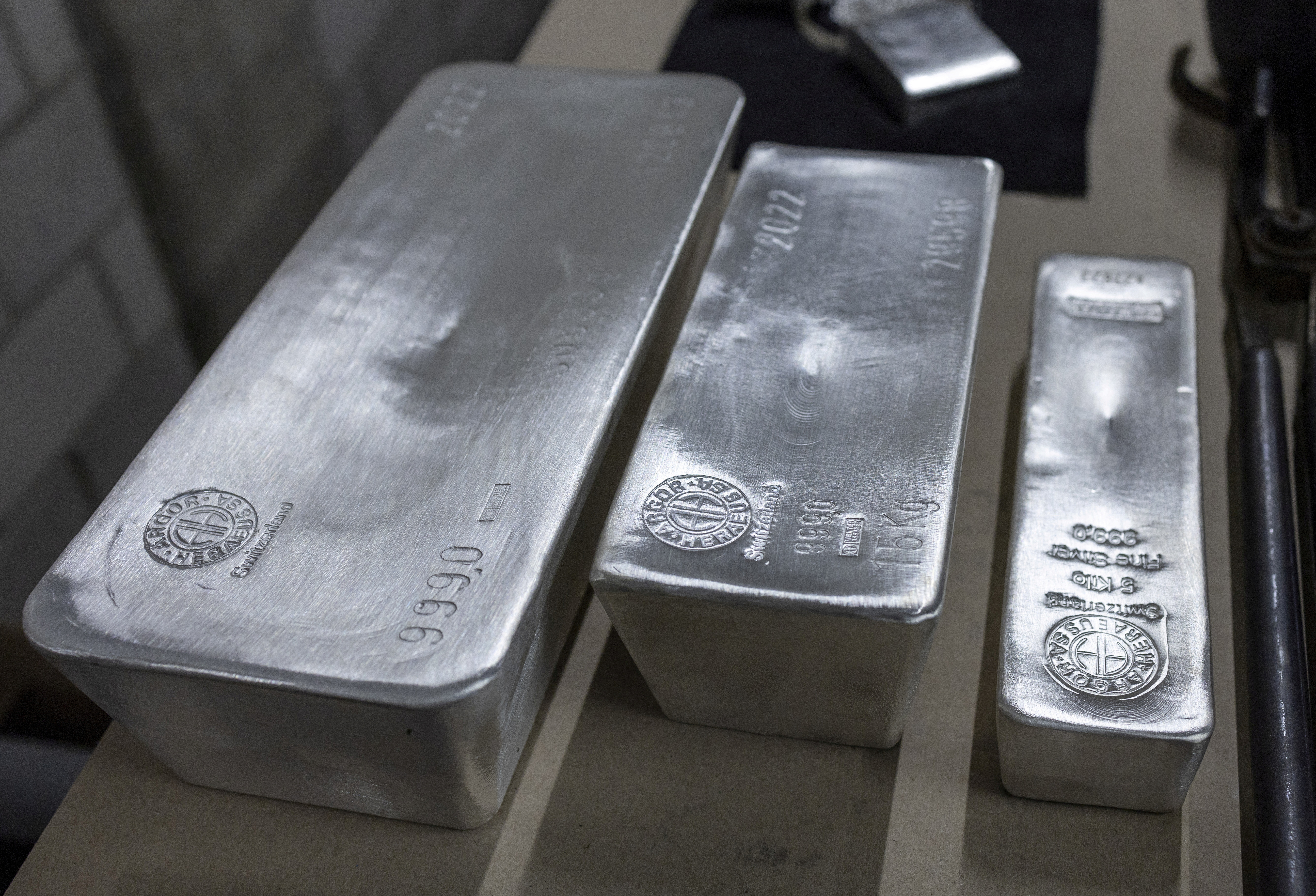 Silver bars are pictured in a display area at the plant of Argor-Heraeus in Mendrisio