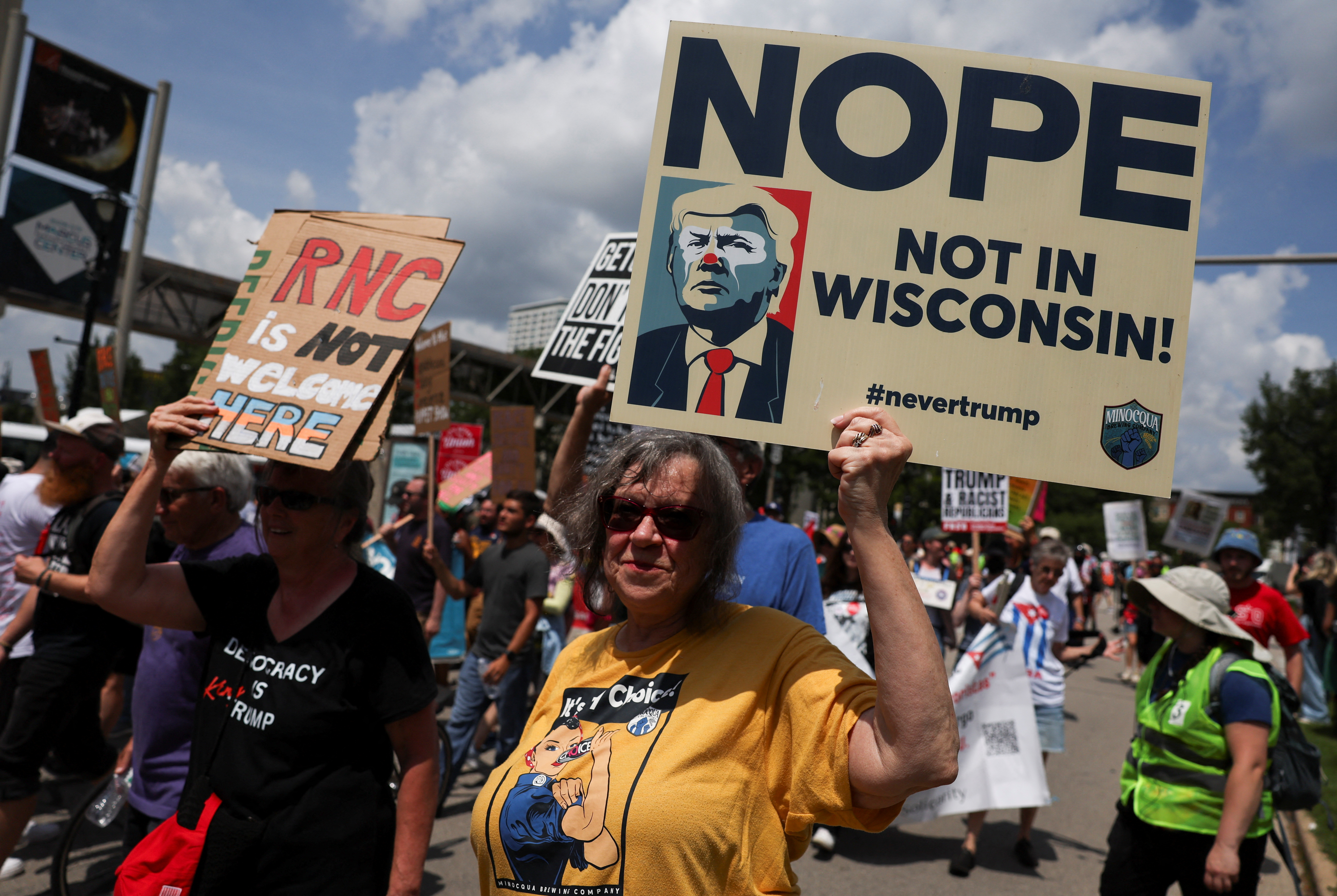 Demonstrators and members of the The Coalition to March on the RNC hold a rally, on the first day of the Republican National Convention, in Milwaukee