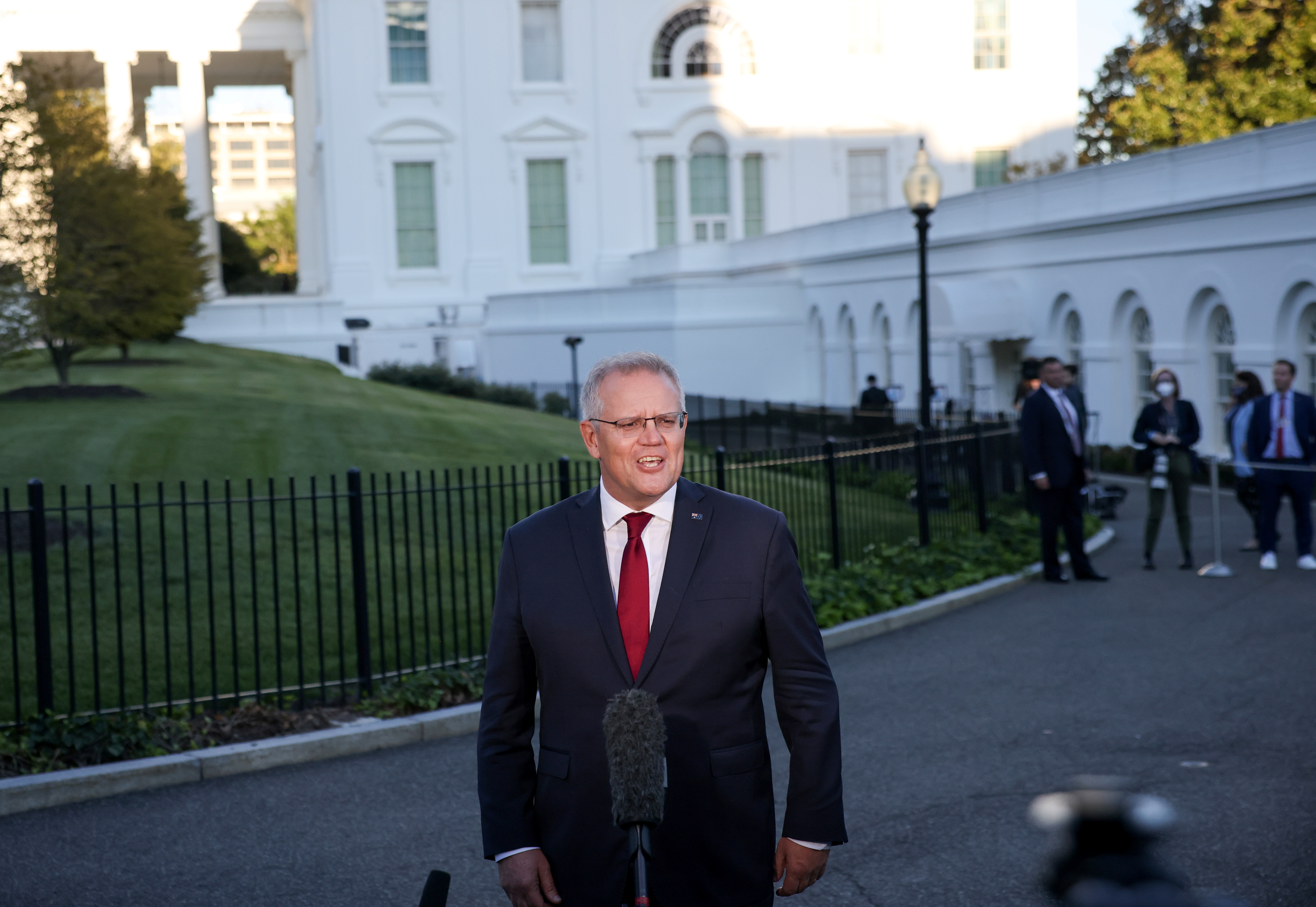 Australia's Prime Minister Scott Morrison speaks with the media following a day of meetings with foreign counterparts at the White House in Washington, U.S., September 24, 2021. REUTERS/Evelyn Hockstein