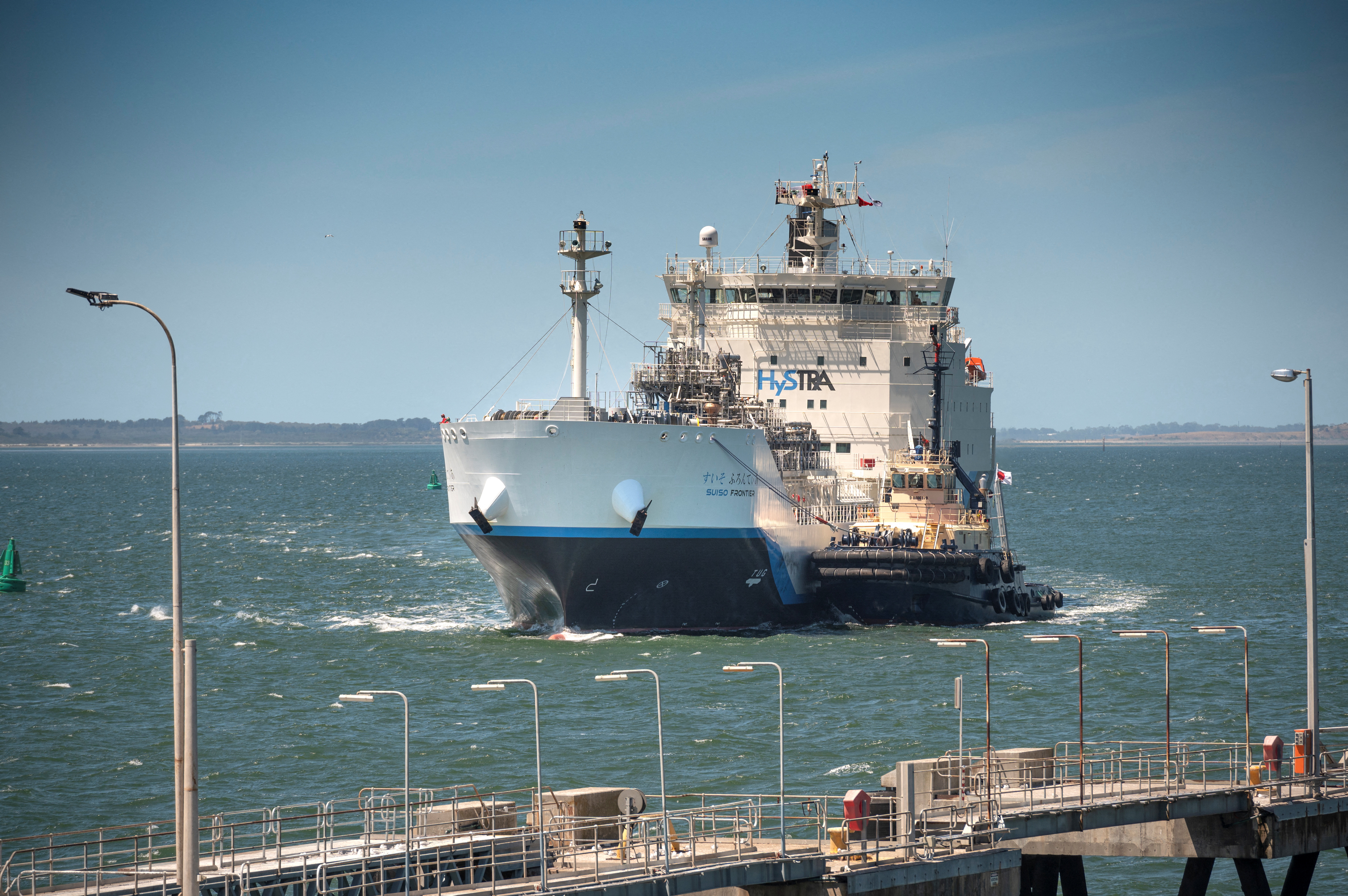 The Suiso Frontier, the world's first hydrogen carrier, built by Japan's Kawasaki Heavy Industries, is pictured upon its arrival from Kobe, Japan at the Port of Hastings in Victoria, Australia January 20, 2022. Courtesy HySTRA/Handout via REUTERS 