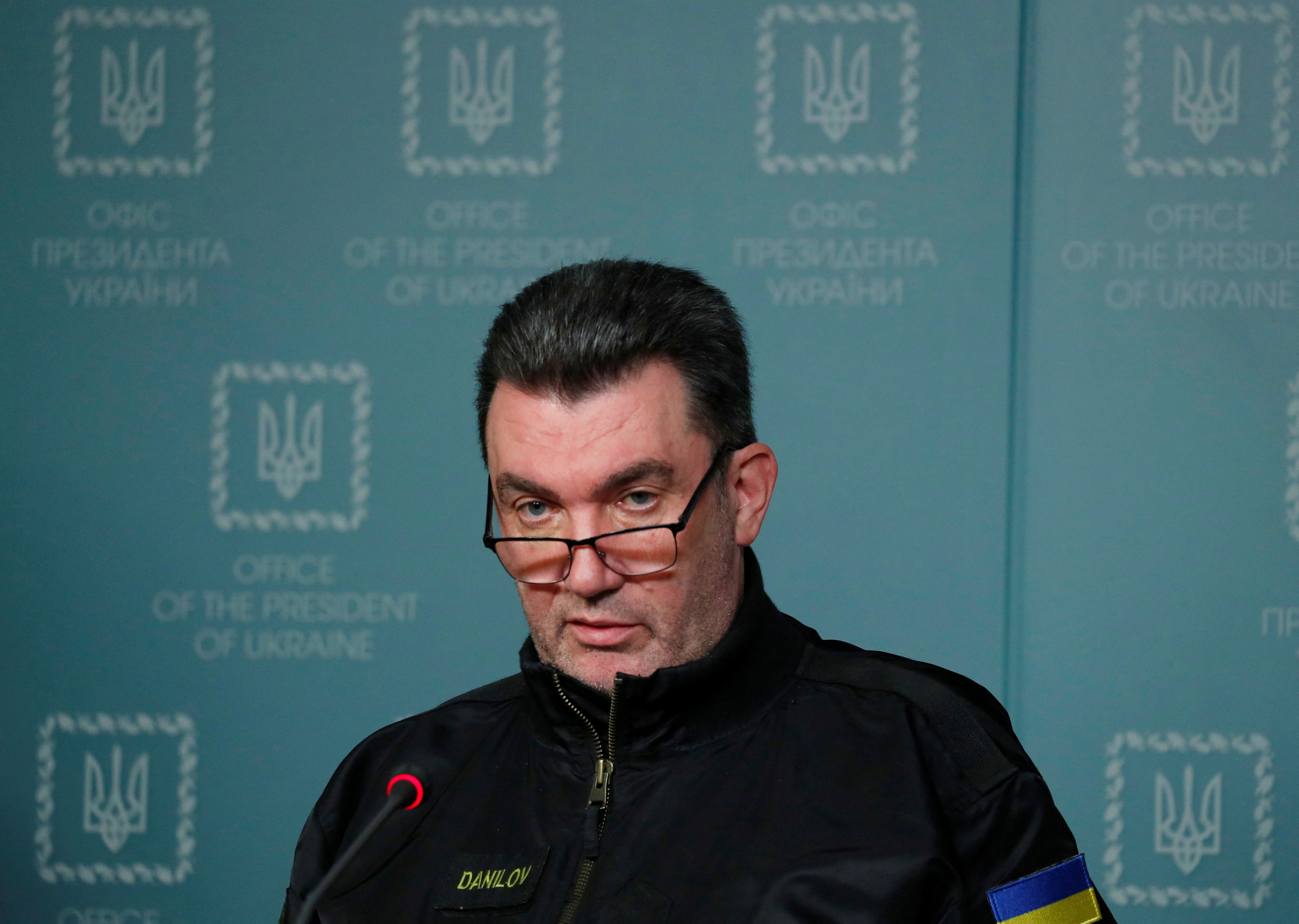 Oleksiy Danilov, Secretary of Ukraine's National Security and Defence Council, speaks during a news briefing in Kyiv