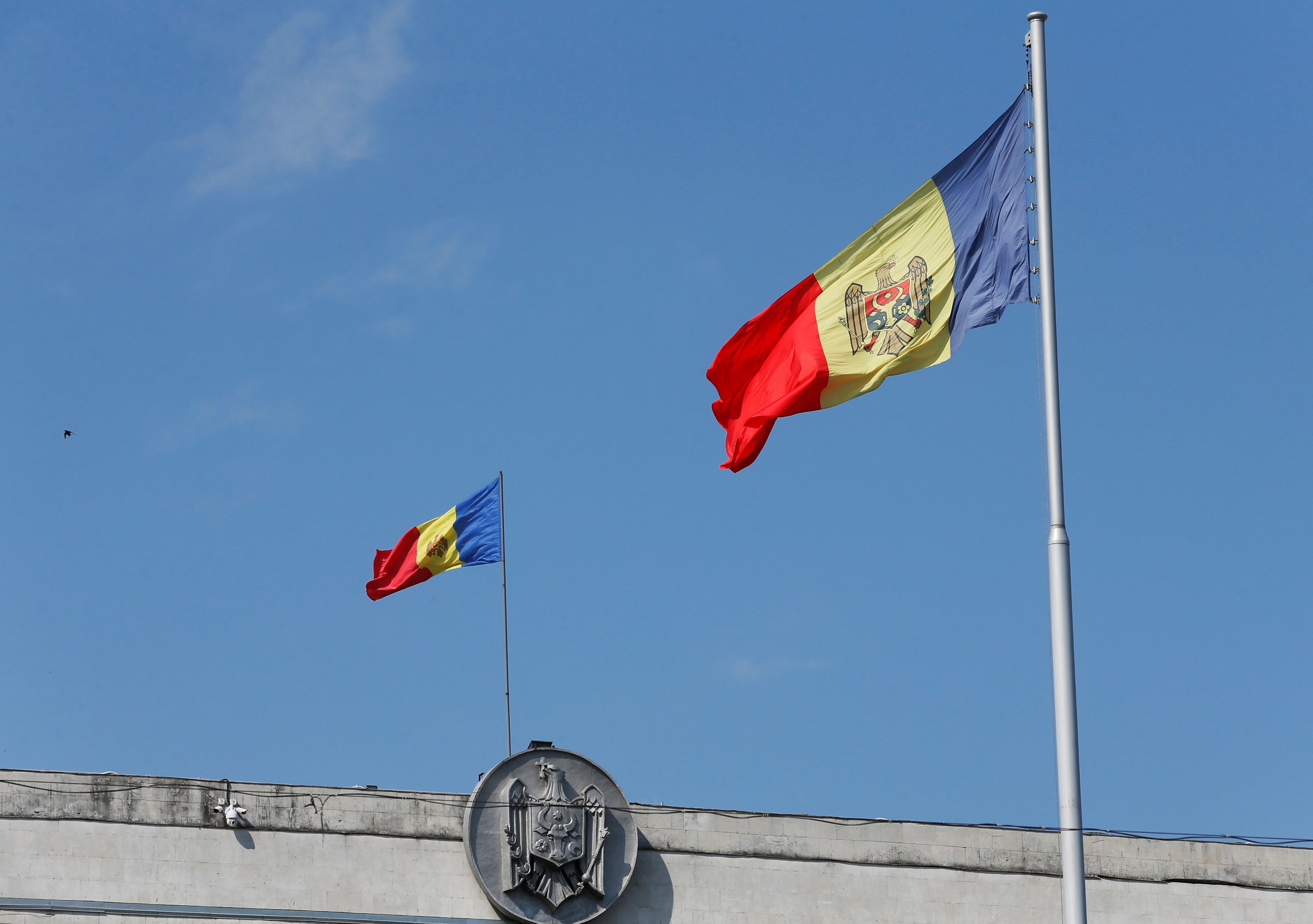 Moldova's national flags are seen in central Chisinau