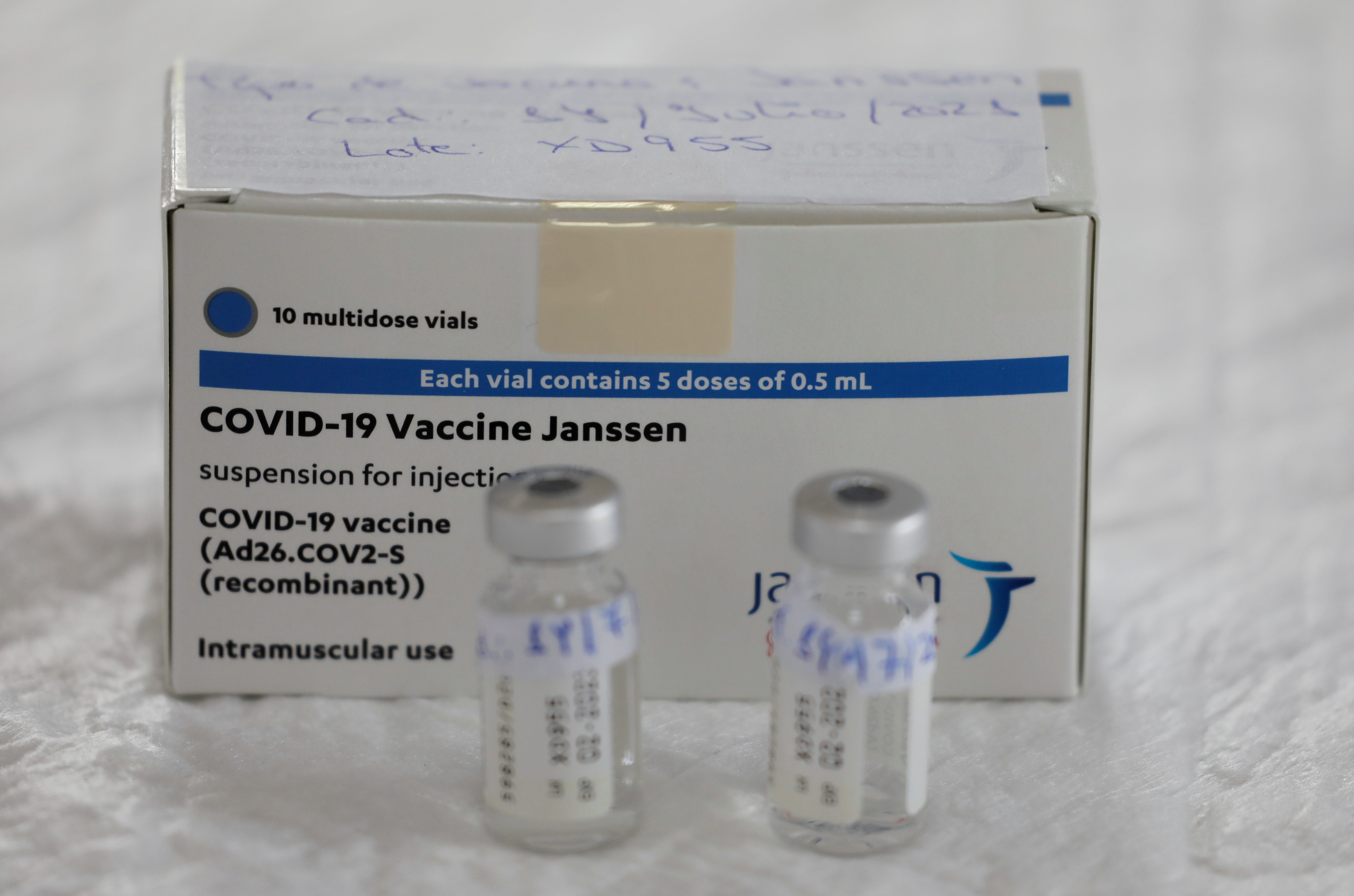 Empty vials of Johnson & Johnson's coronavirus disease (COVID-19) vaccine are seen on a table at a vaccination centre in Ronda