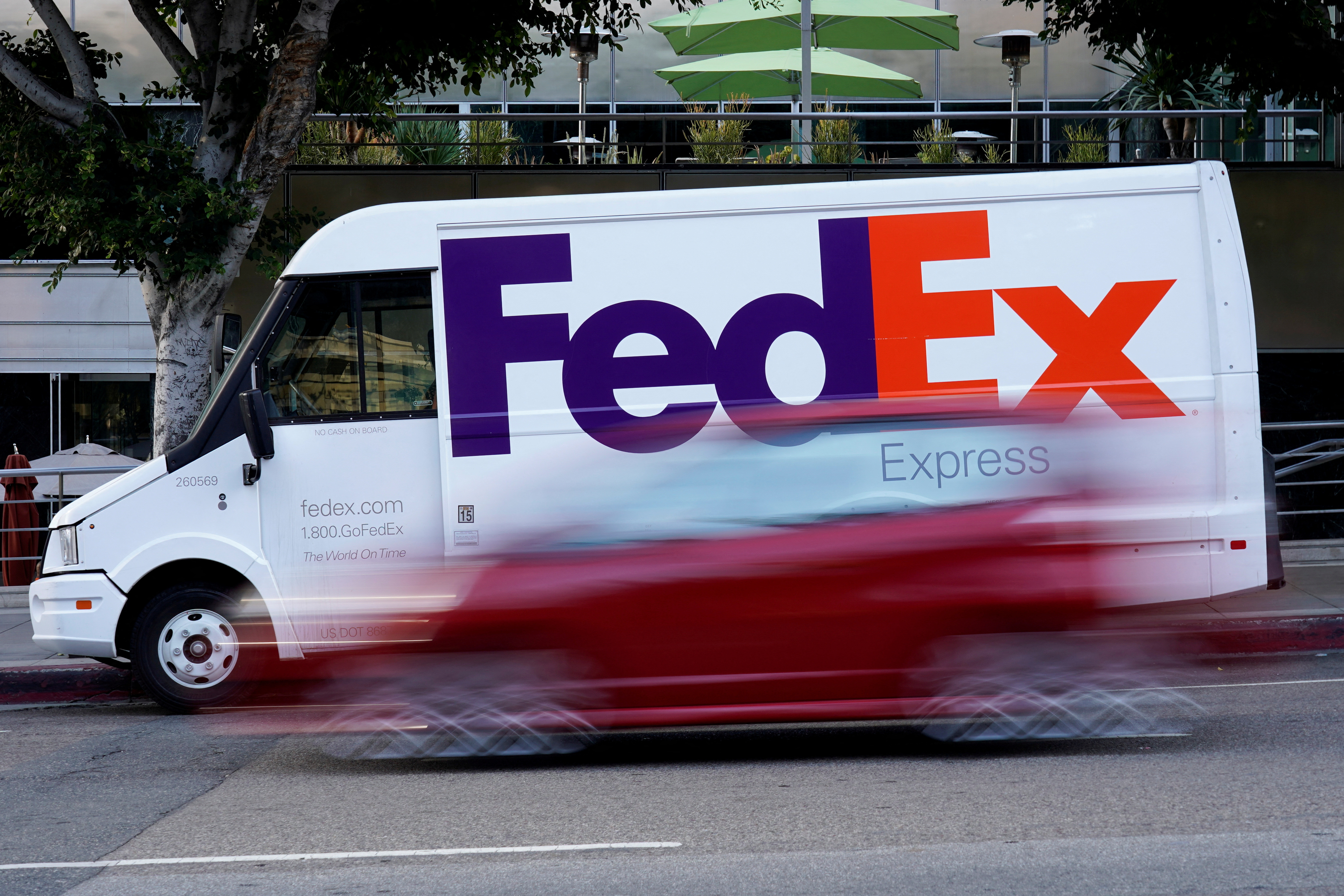 A Federal Express truck is shown in Los Angeles, California