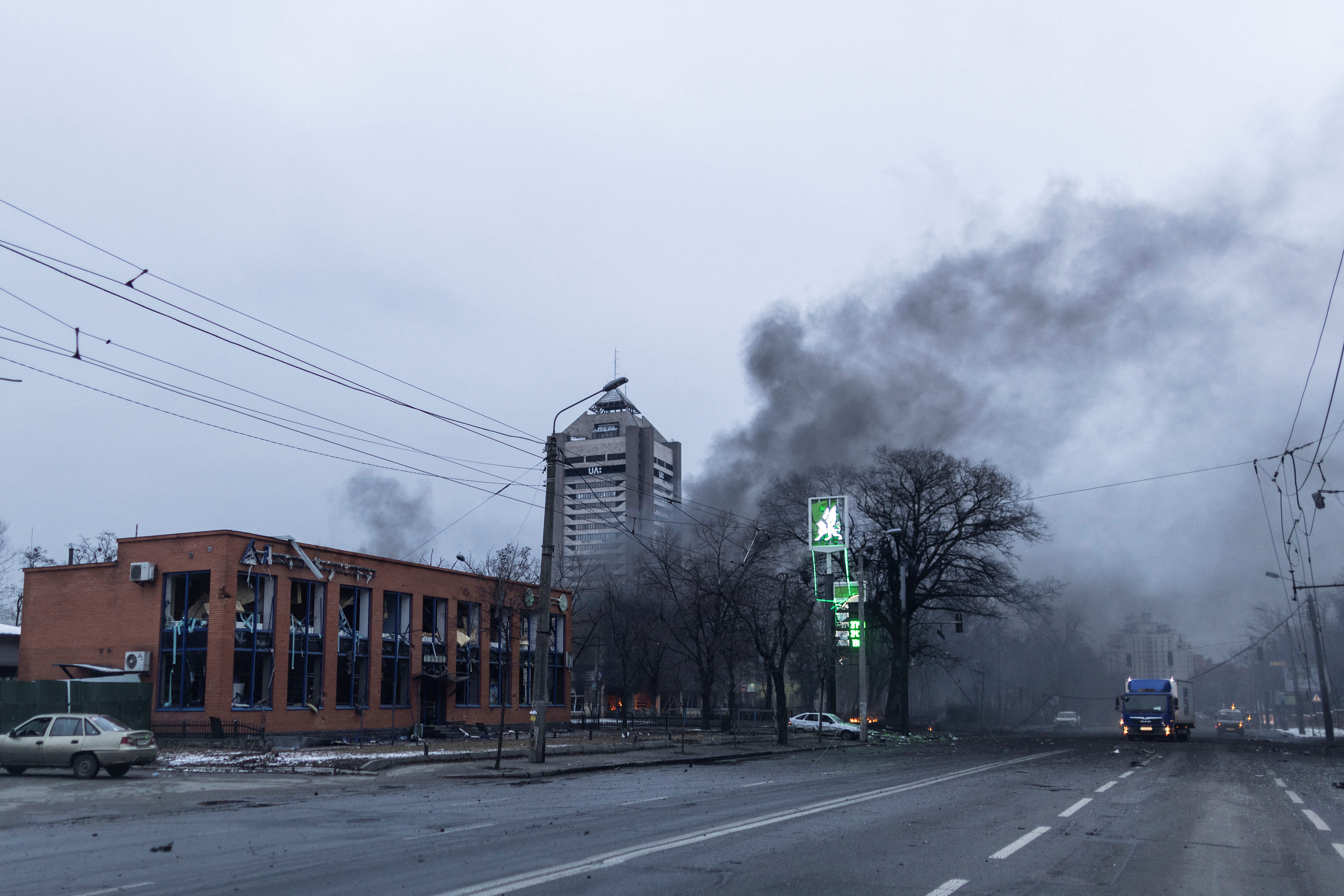 Smoke rises from a building after a blast, amid Russia's invasion of Ukraine, in Kyiv, Ukraine
