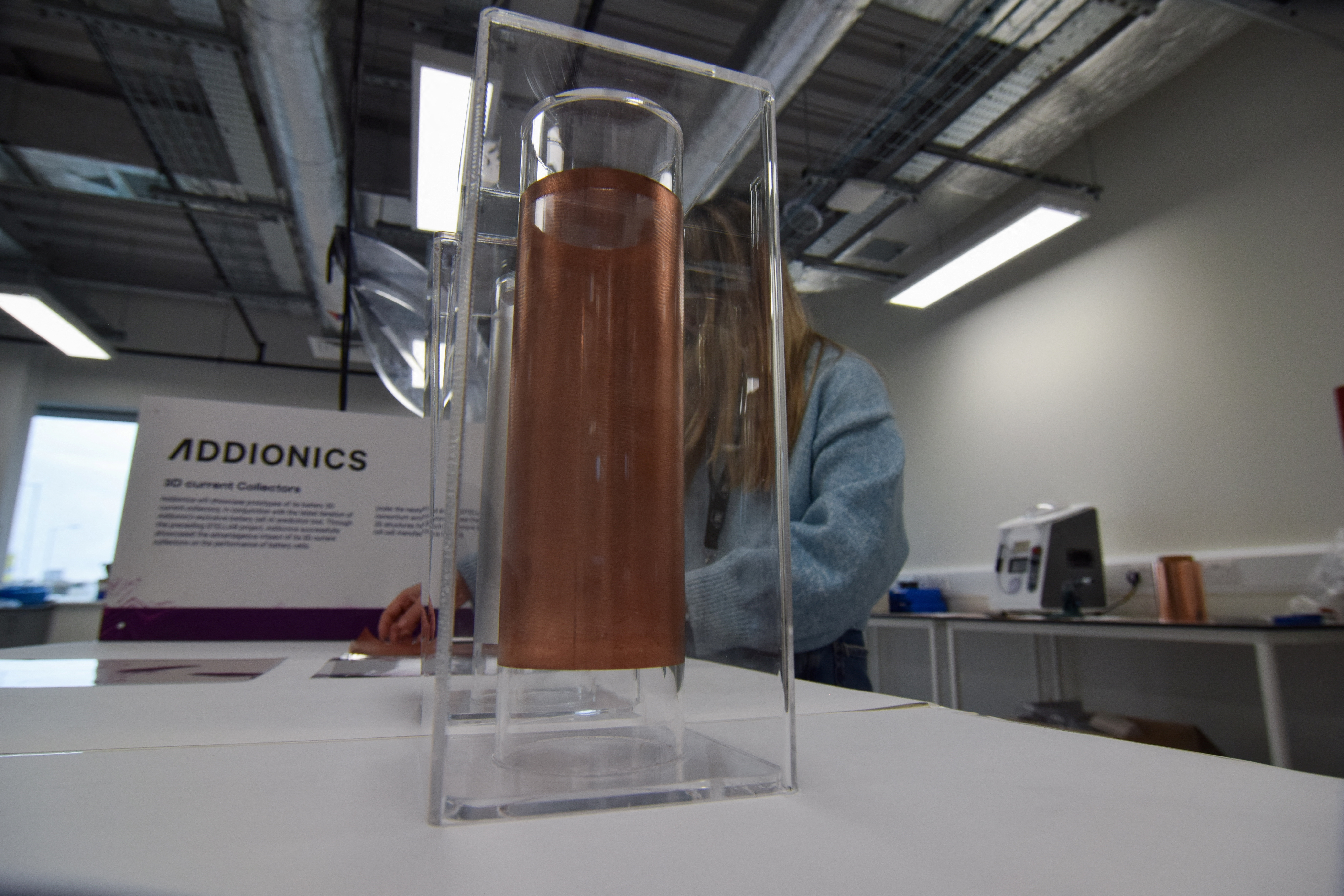A sample of a porous, three-dimensional copper anode, developed by startup Addionics is displayed at the company's lab in London