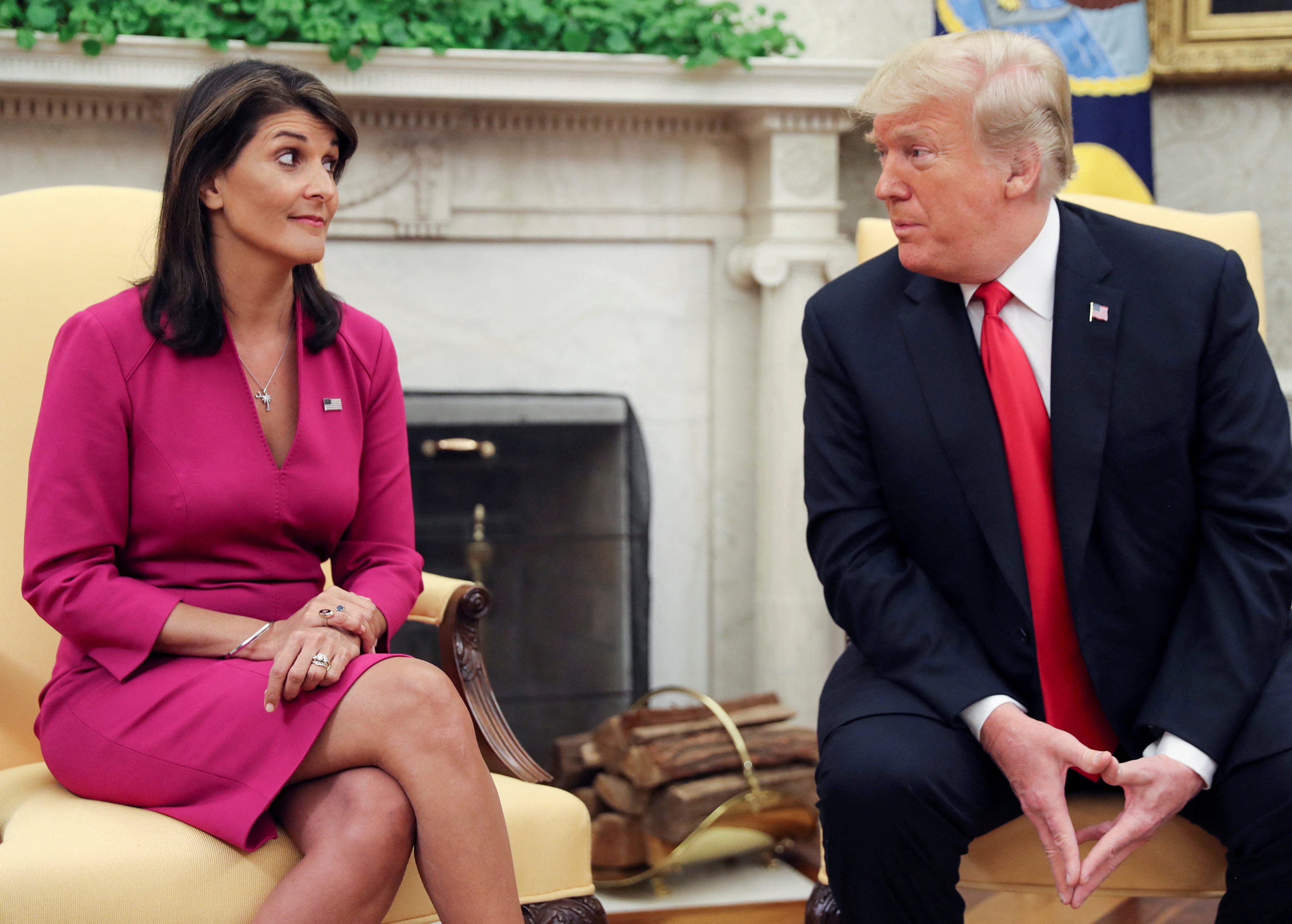 U.S. President Trump meets with U.N. Ambassador Haley in the Oval Office of the White House in Washington