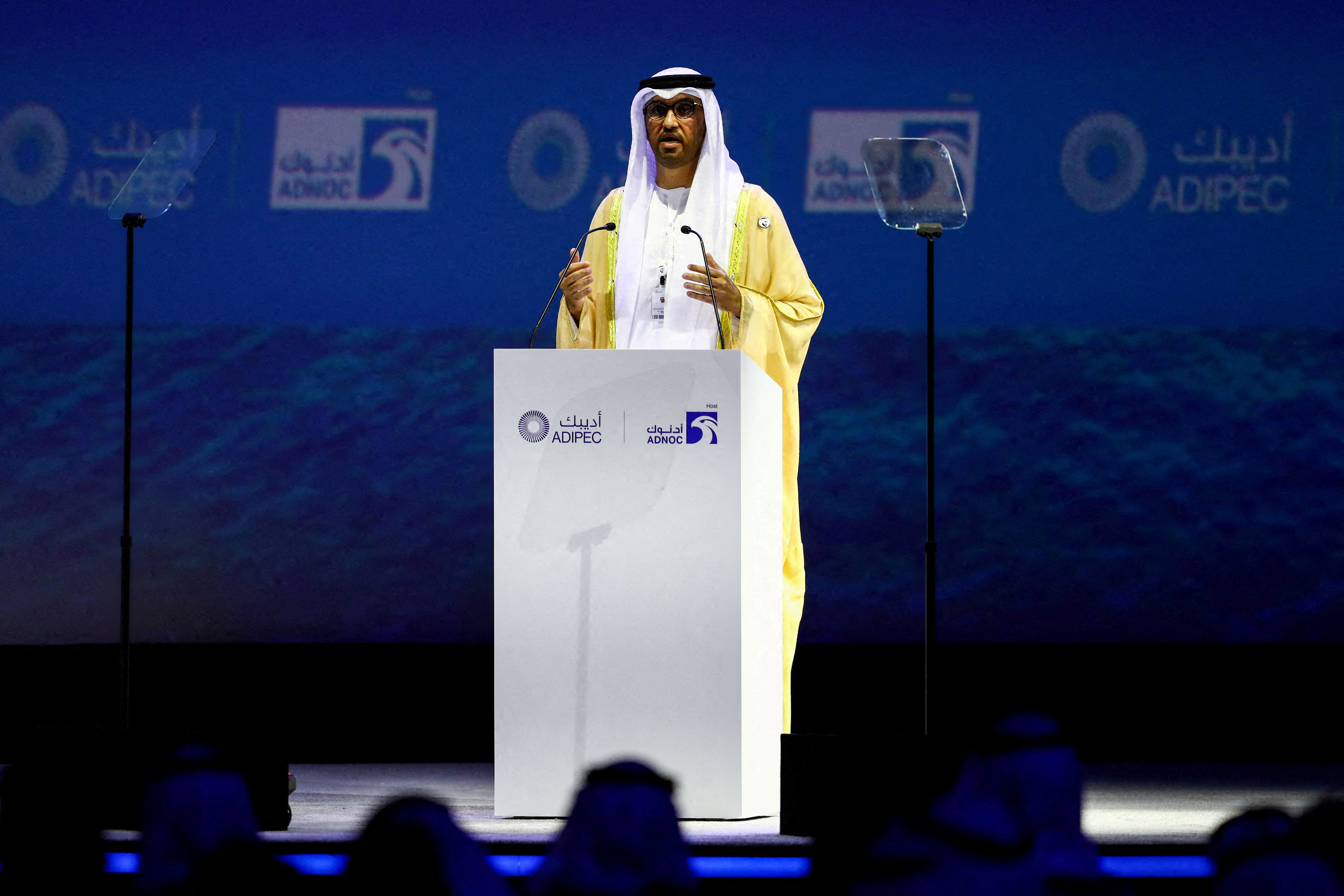 United Arab Emirates' Industry Minister Sultan Ahmed Al Jaber speaks during the Abu Dhabi International Petroleum Exhibition and Conference (ADIPEC) in Abu Dhabi