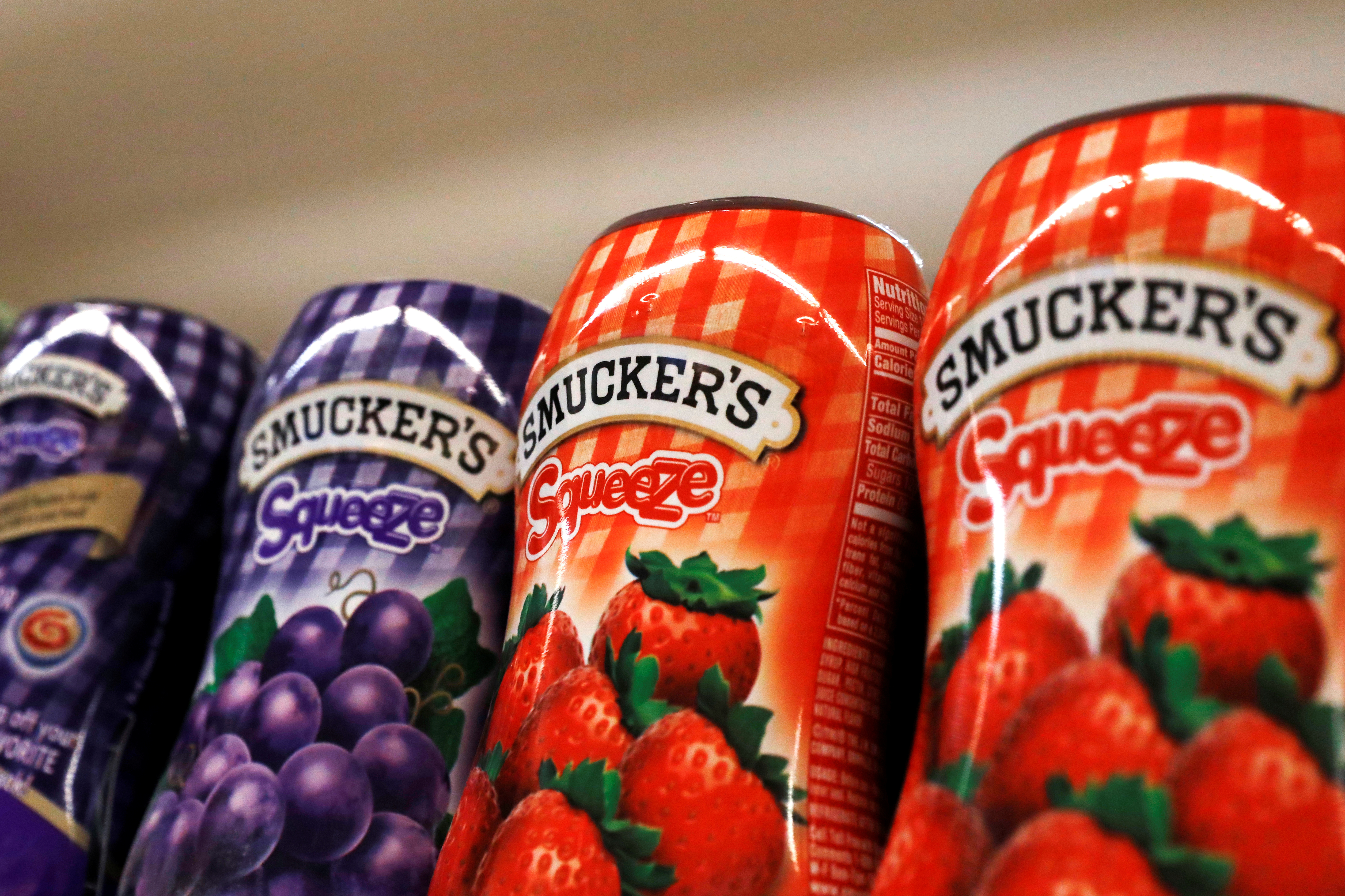 Containers of Smuckers's Jam are displayed in a supermarket in New York