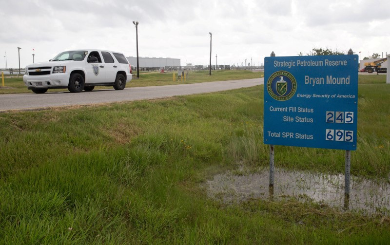 A sign near the administrative offices and control room lists the current status of the Department of Energy's Bryan Mound Strategic Petroleum Reserve in Freeport