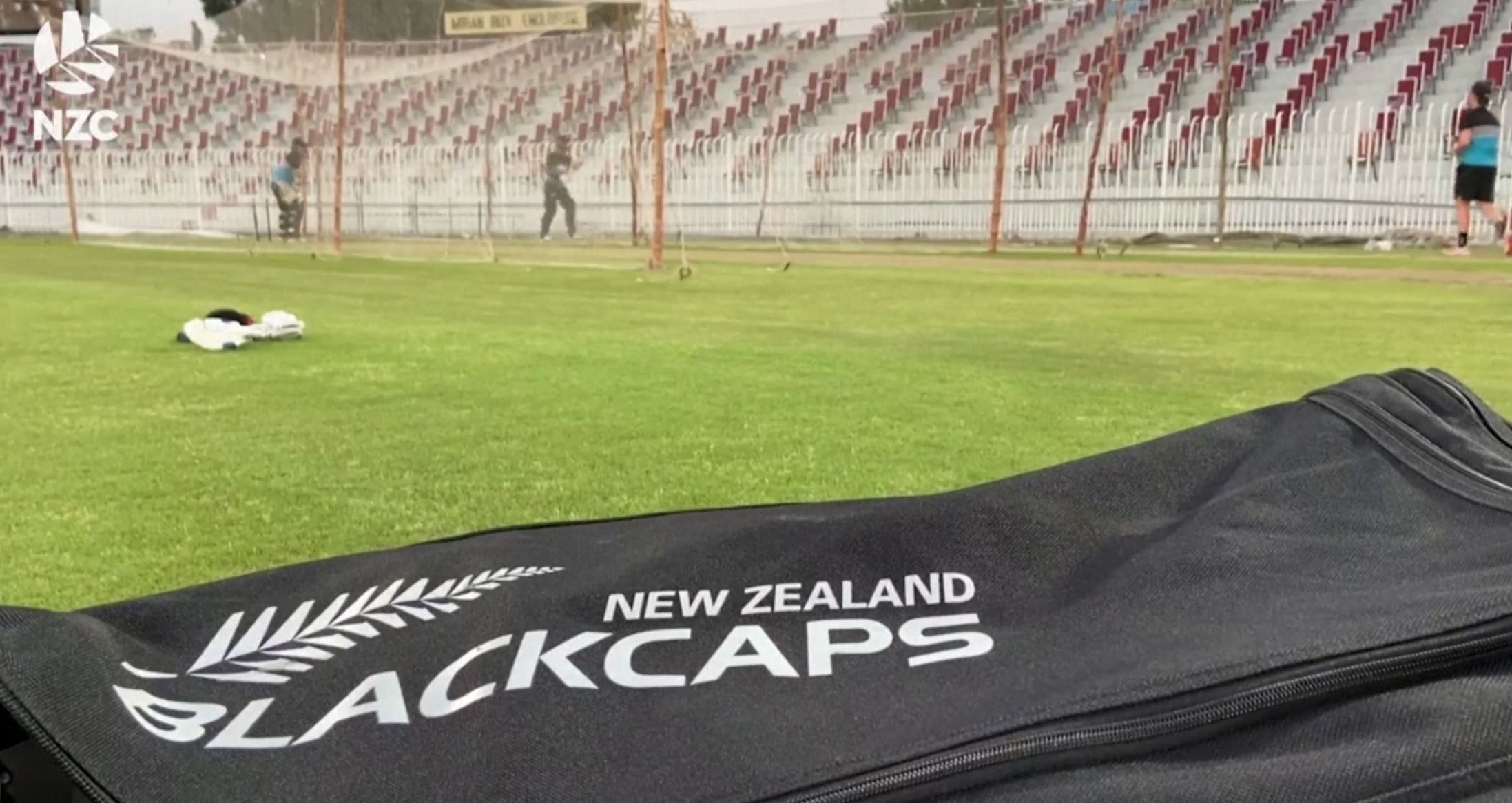 New Zealand Black Caps cricket team practices in Pakistan in this undated handout image taken from video. New Zealand Cricket Handout via Reuters