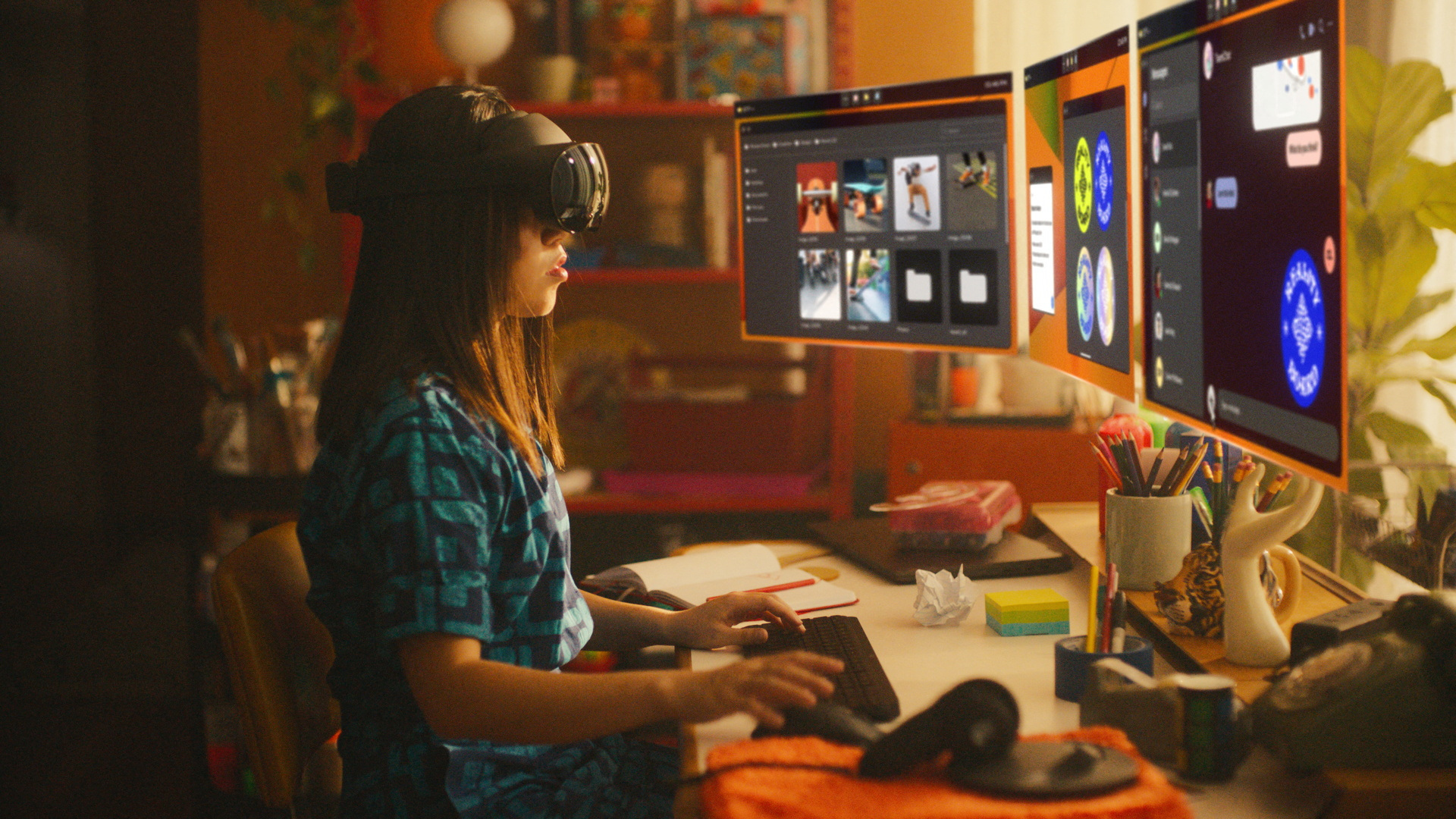 A woman sitting at a desk works on virtual screens using Meta's Quest Pro device