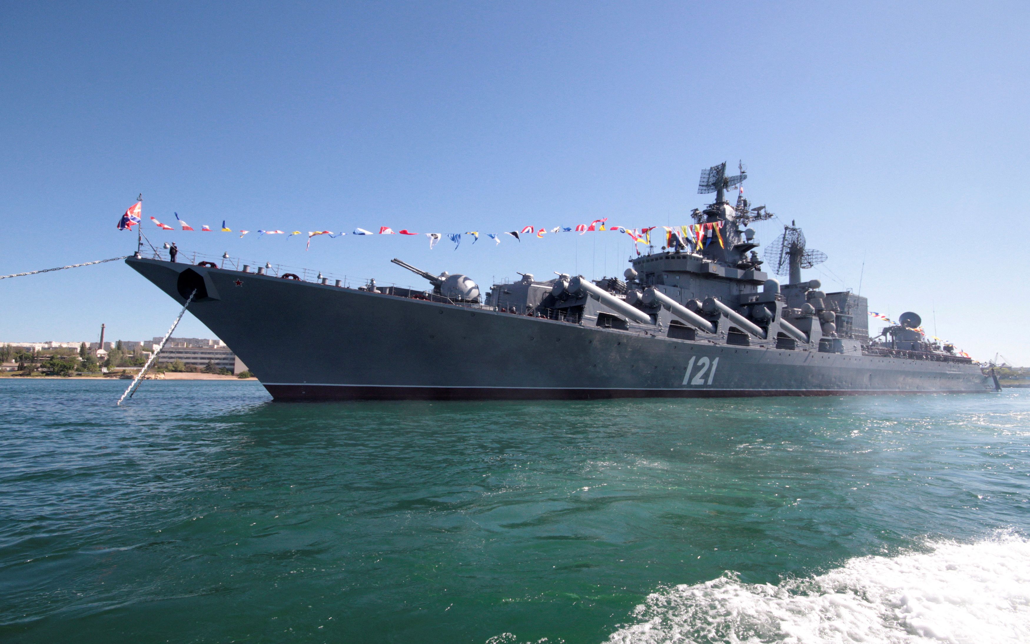 Russian missile cruiser Moskva is moored in the Ukrainian Black Sea port of Sevastopol
