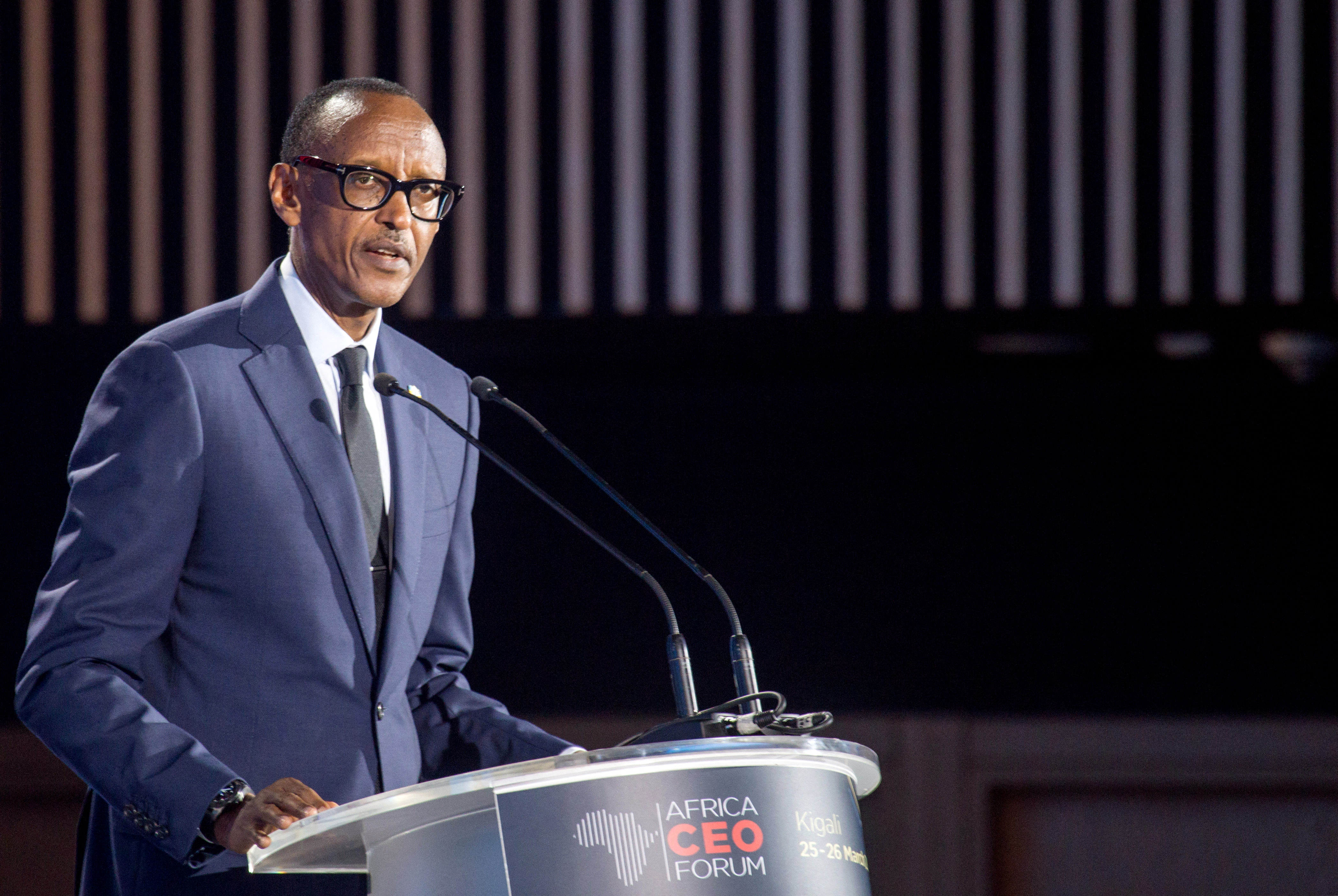 Rwandan president Paul Kagame addresses delegates at the Africa CEO Forum in Kigali