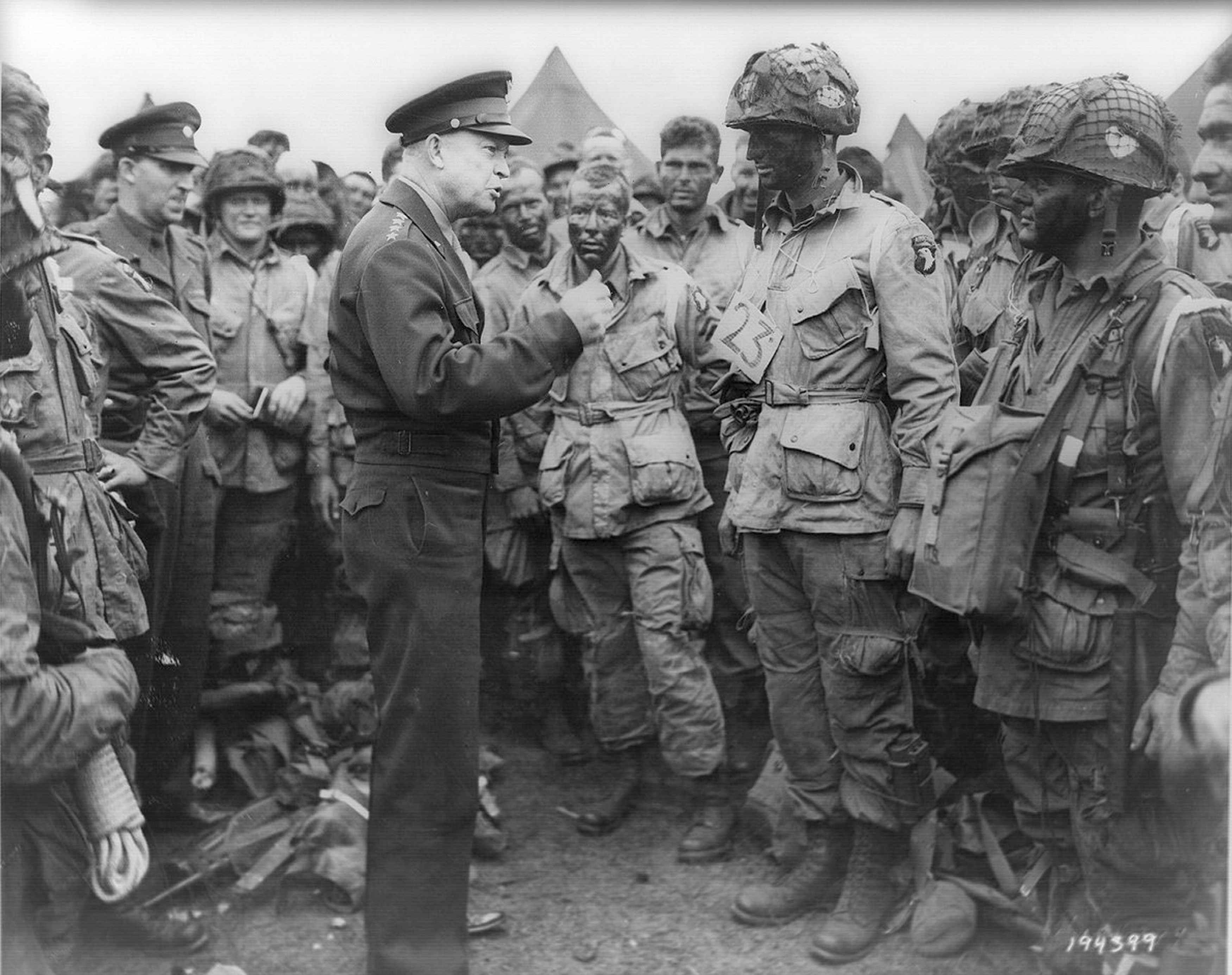 Handout photo of Allied forces Supreme Commander General Eisenhower speaking with U.S. Army paratroopers at Greenham Common Airfield in England