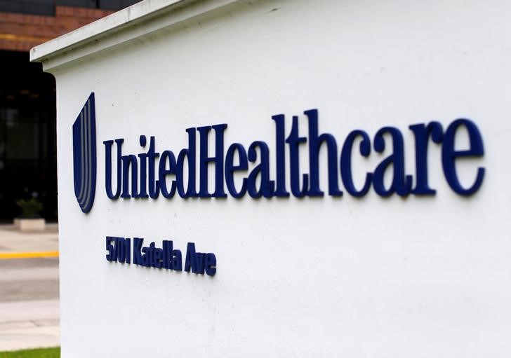 The logo of Down Jones Industrial Average stock market index listed company UnitedHealthcare