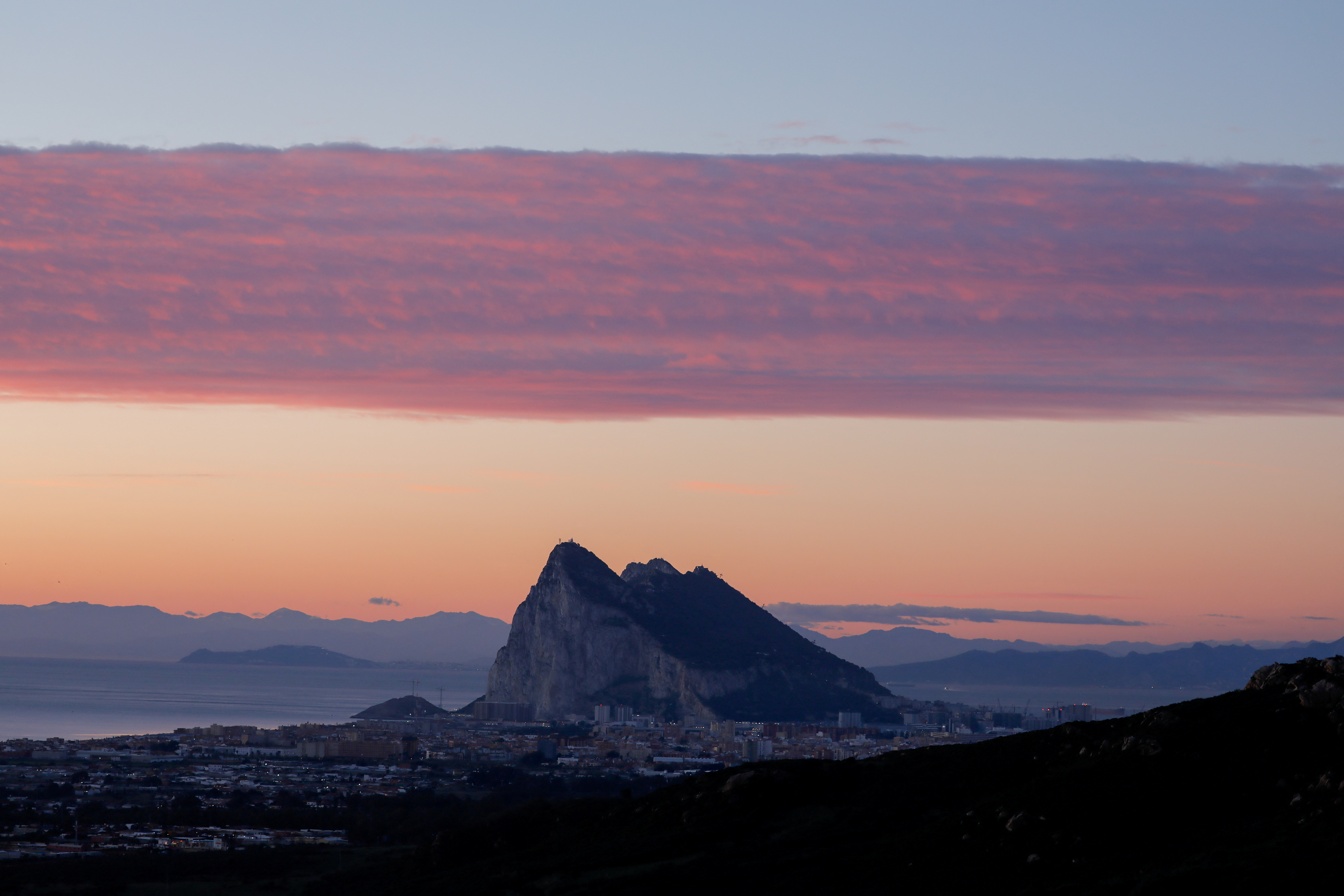 A general view of the Rock of Gibraltar landmark at dawn, in La Linea de la Concepcion