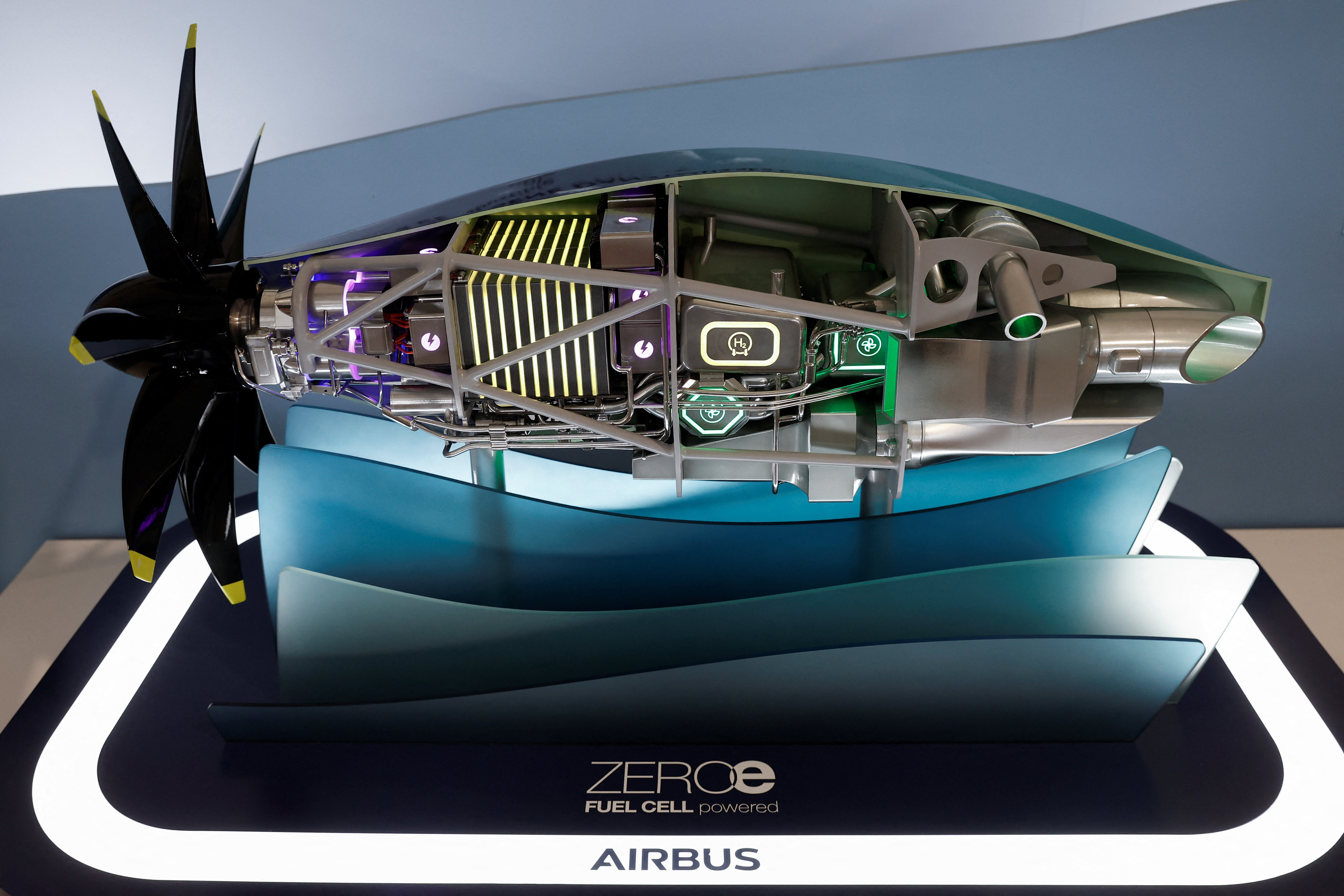 An Airbus hydrogen-powered zero-emission engine at the 2023 International Paris Air Show.