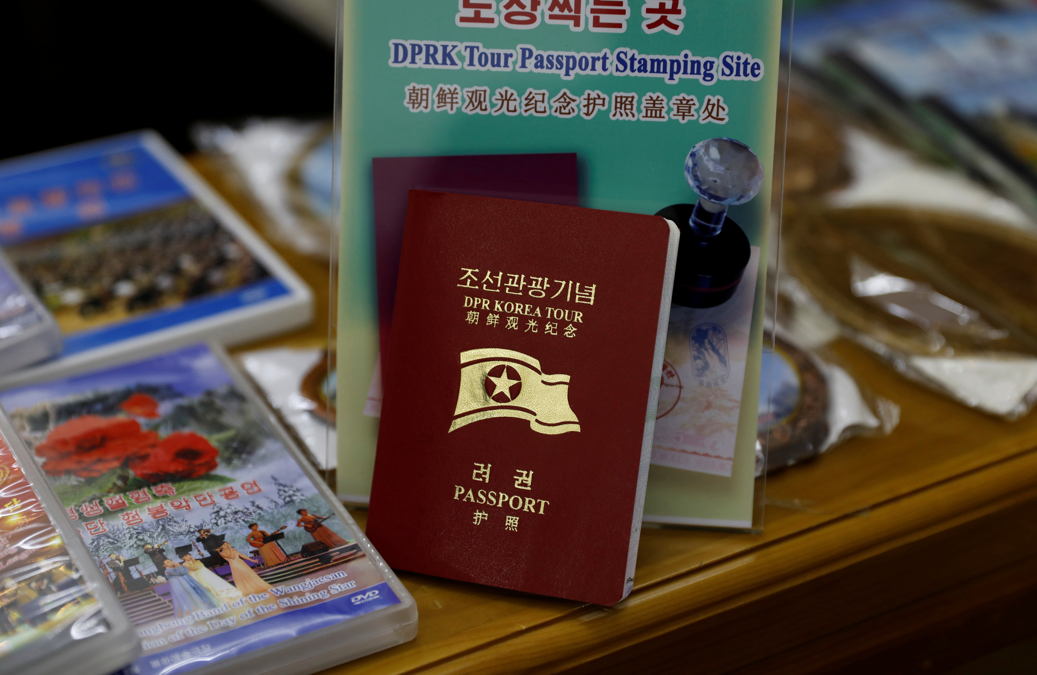 A North Korean tour passport is seen at a souvenir shop at Juche Tower in Pyongyang