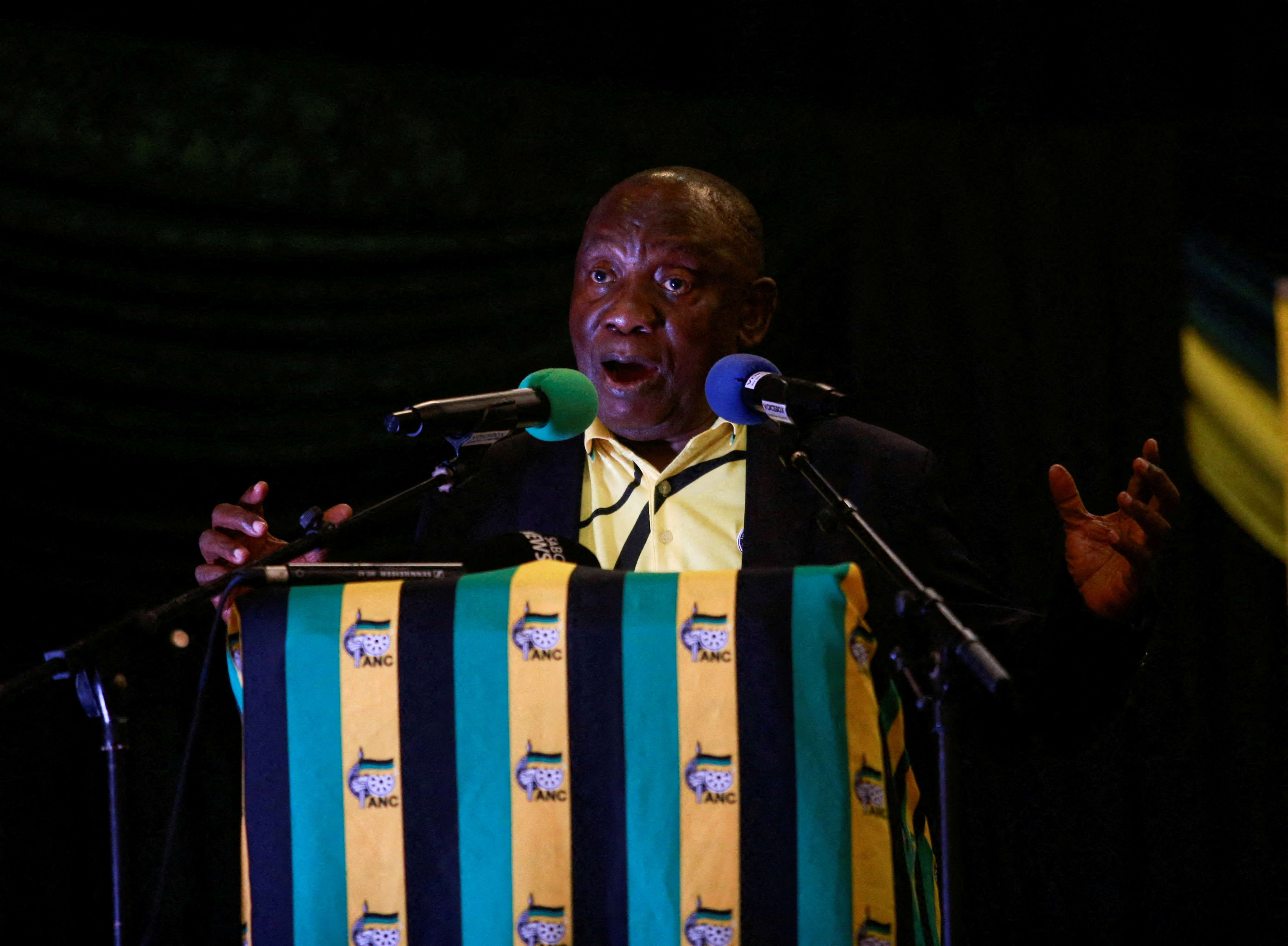 South African President Cyril Ramaphosa speaks at an election rally in Chatsworth