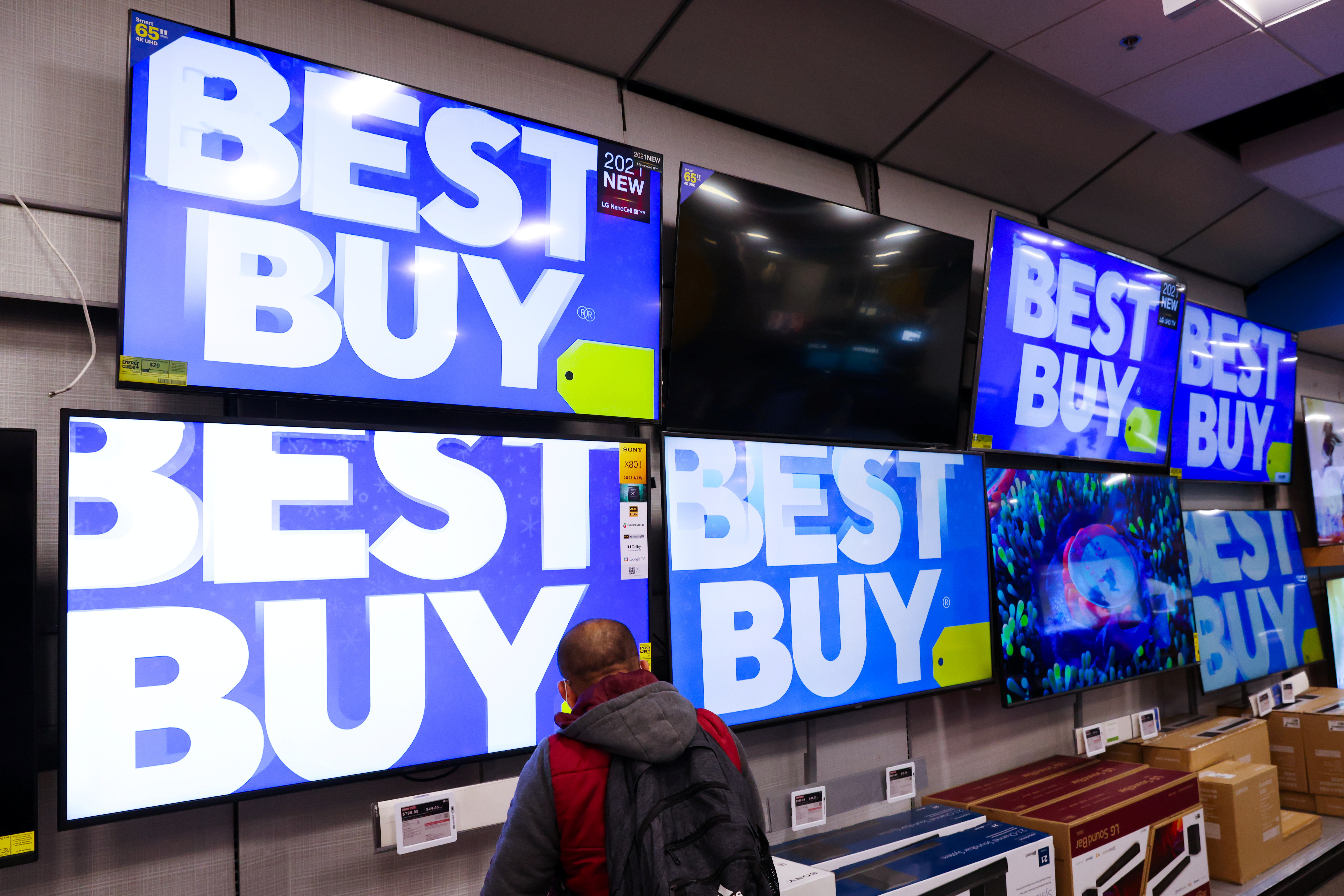 Televisions are seen for sale at a Best Buy store in Manhattan, New York City