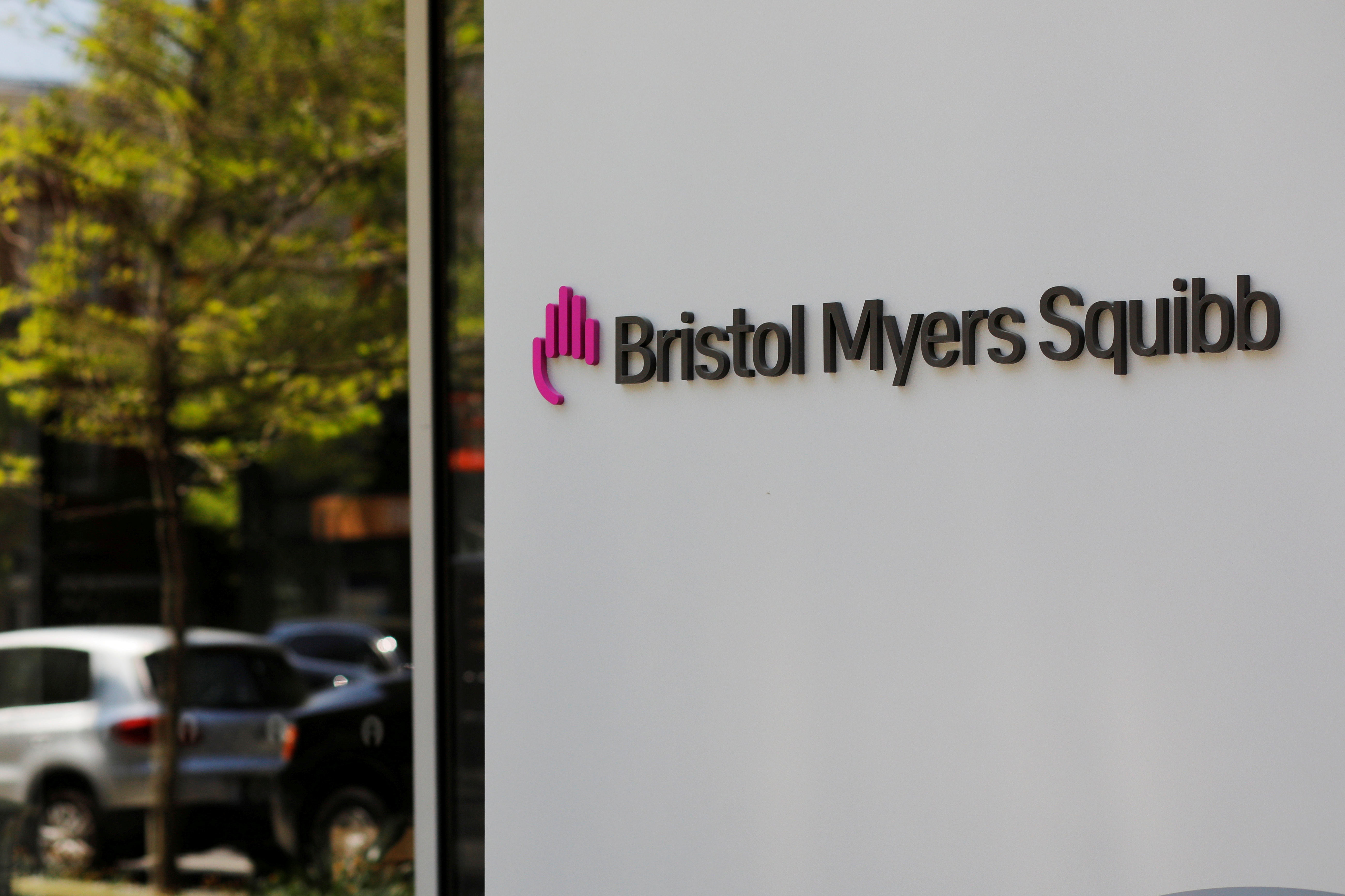 A sign stands outside a Bristol Myers Squibb facility in Cambridge, Massachusetts, U.S., May 20, 2021.    REUTERS/Brian Snyder
