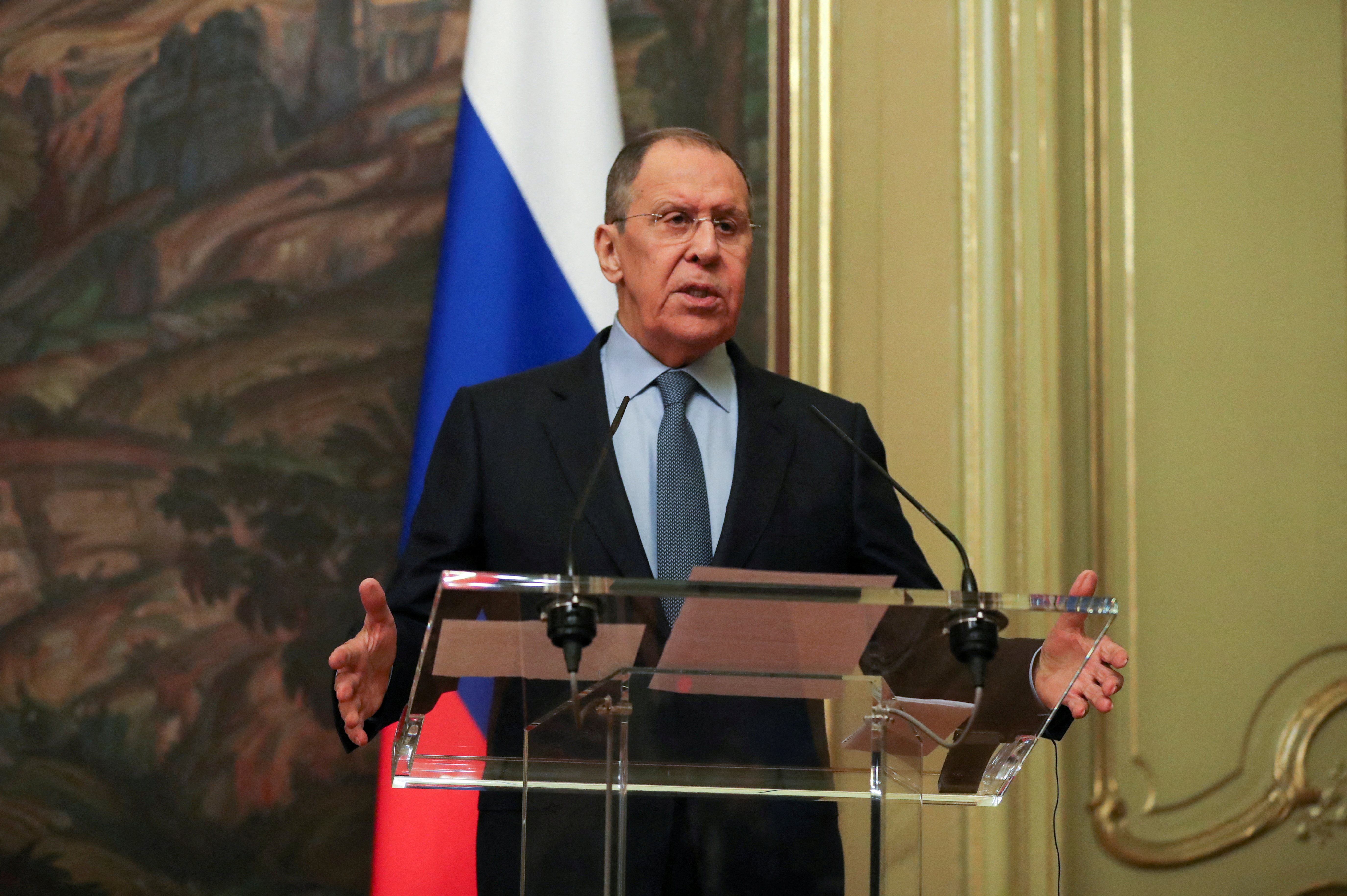 Russian Foreign Minister Sergei Lavrov speaks during a news conference after his meeting with UN Secretary-General Antonio Guterres in Moscow, Russia, April 26, 2022. Maxim Shipenkov/Pool via REUTERS/File Photo