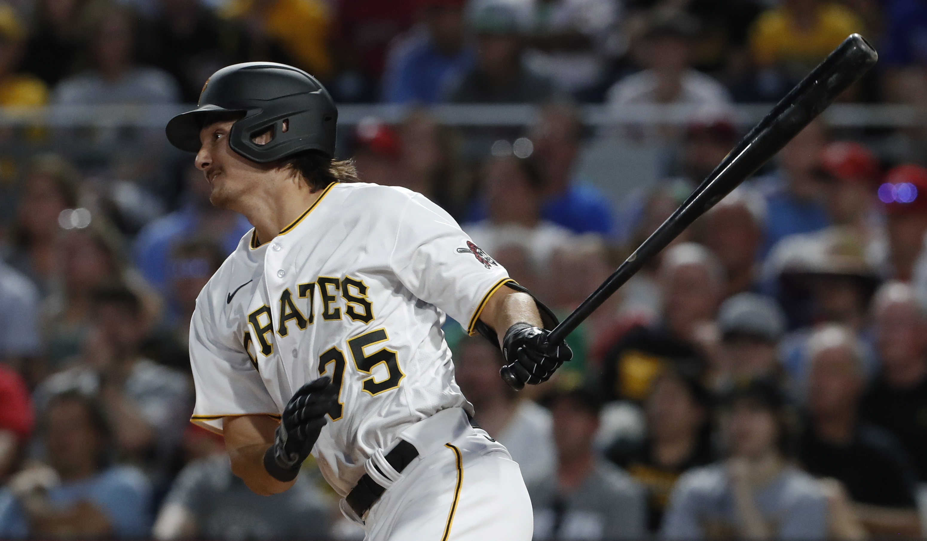 Pittsburgh Pirates Endy Rodriguez (25) bats during a spring training  baseball game against the Philadelphia Phillies on February 27, 2023 at  LECOM Park in Bradenton, Florida. (Mike Janes/Four Seam Images via AP