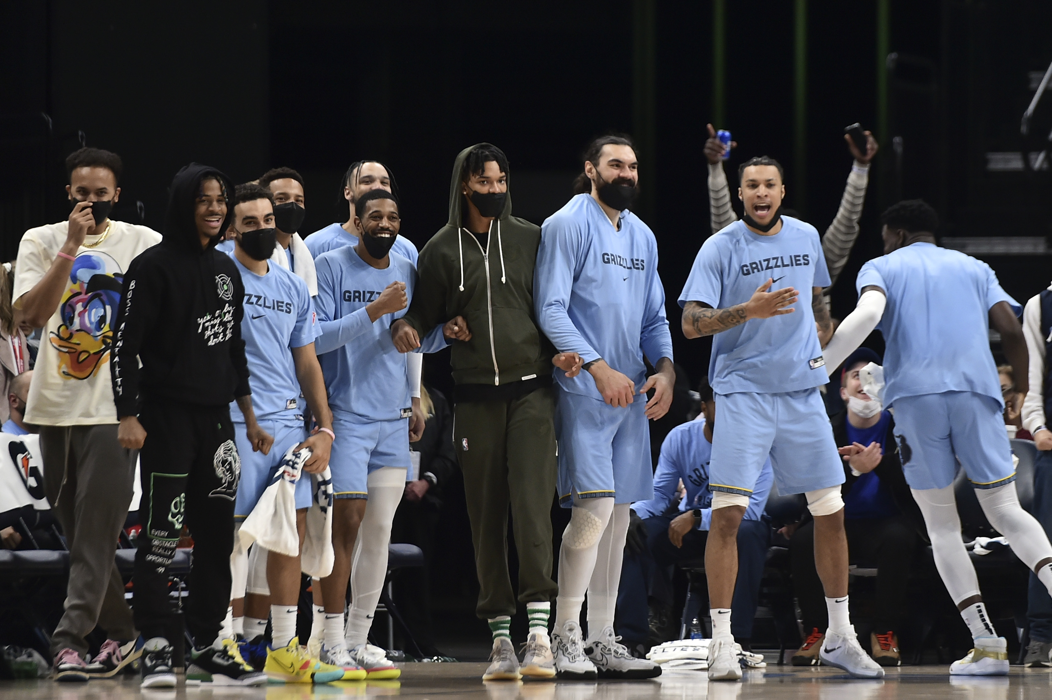 Dec 2, 2021; Memphis, Tennessee, USA; The Memphis Grizzlies bench reacts during the second half against the Oklahoma City Thunder at FedExForum. Mandatory Credit: Justin Ford-USA TODAY Sports