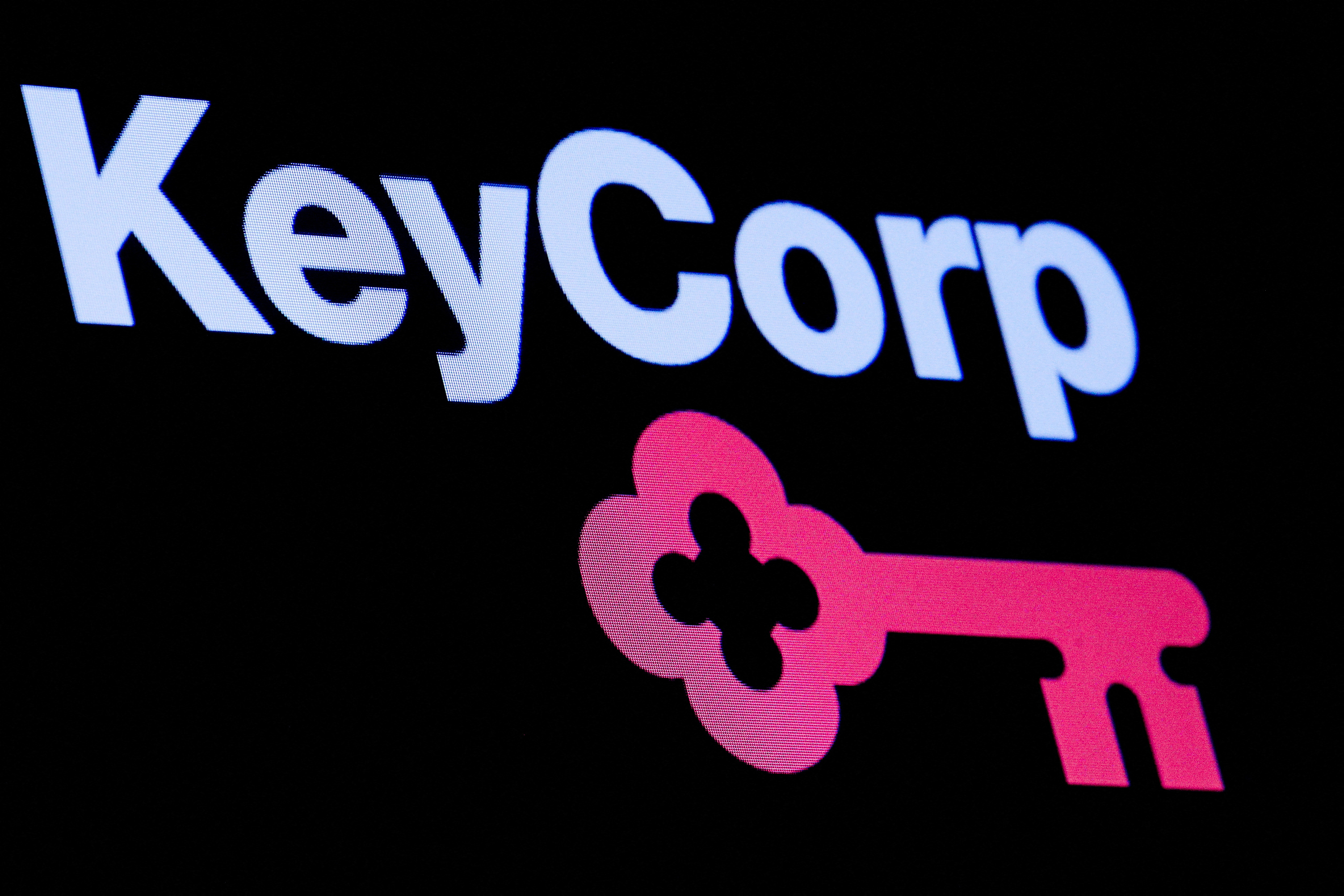 The logo Key Corp. is displayed on a screen on the floor at the NYSE in New York