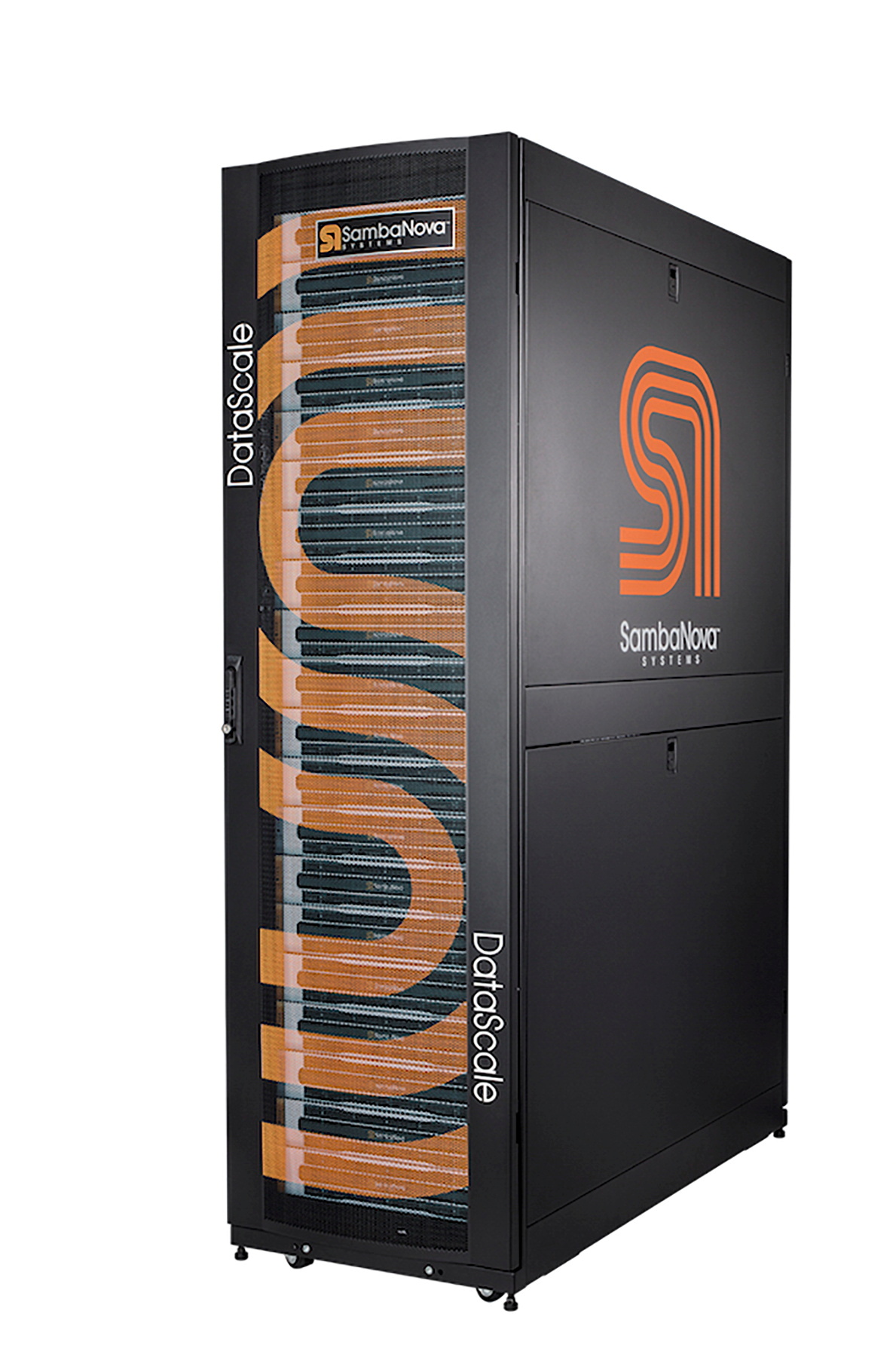 A data center server rack shows the logo of SambaNova Systems in this undated handout photo