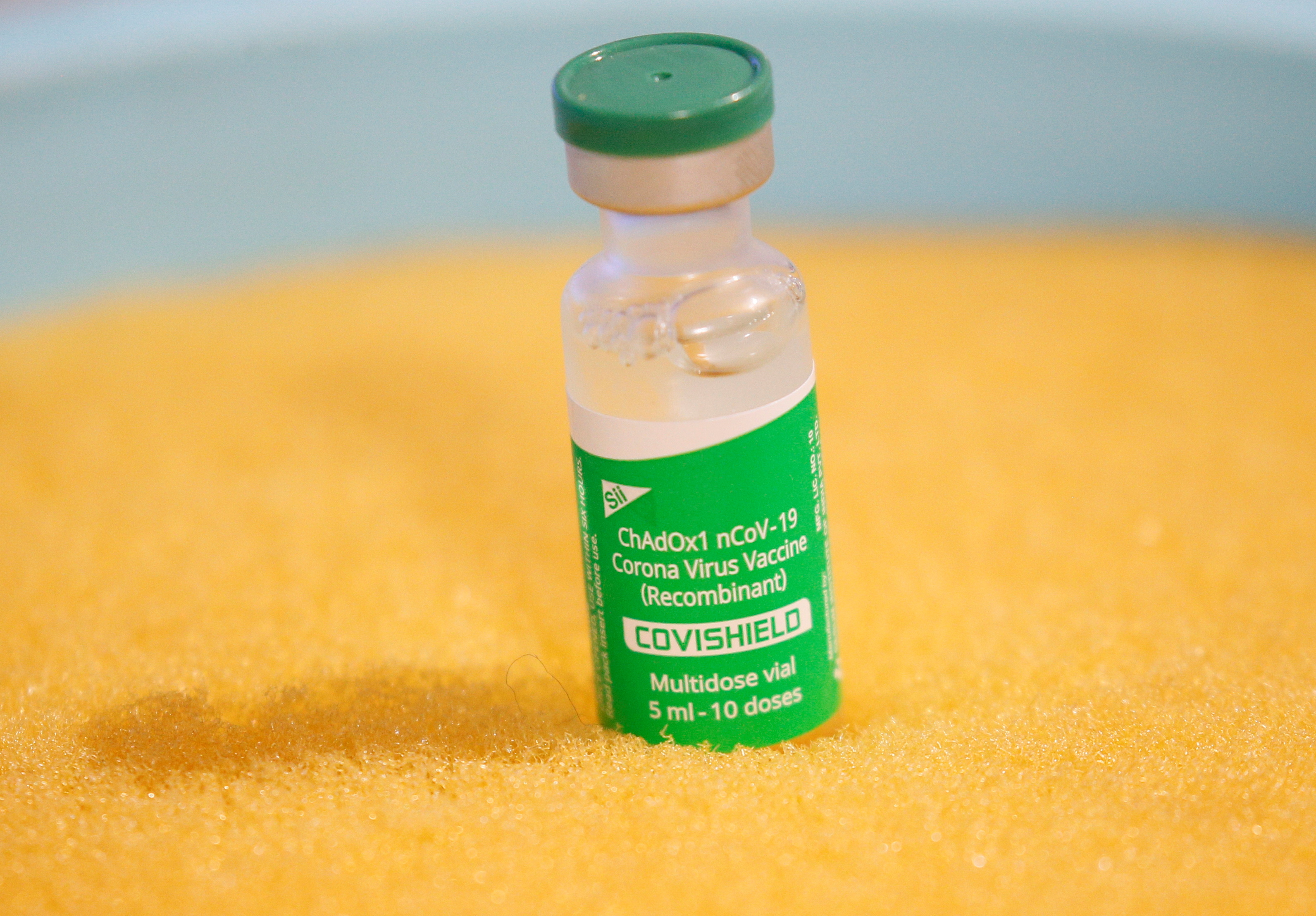 A vial of the Oxford University/AstraZeneca vaccine is pictured during the vaccination campaign in Kyiv