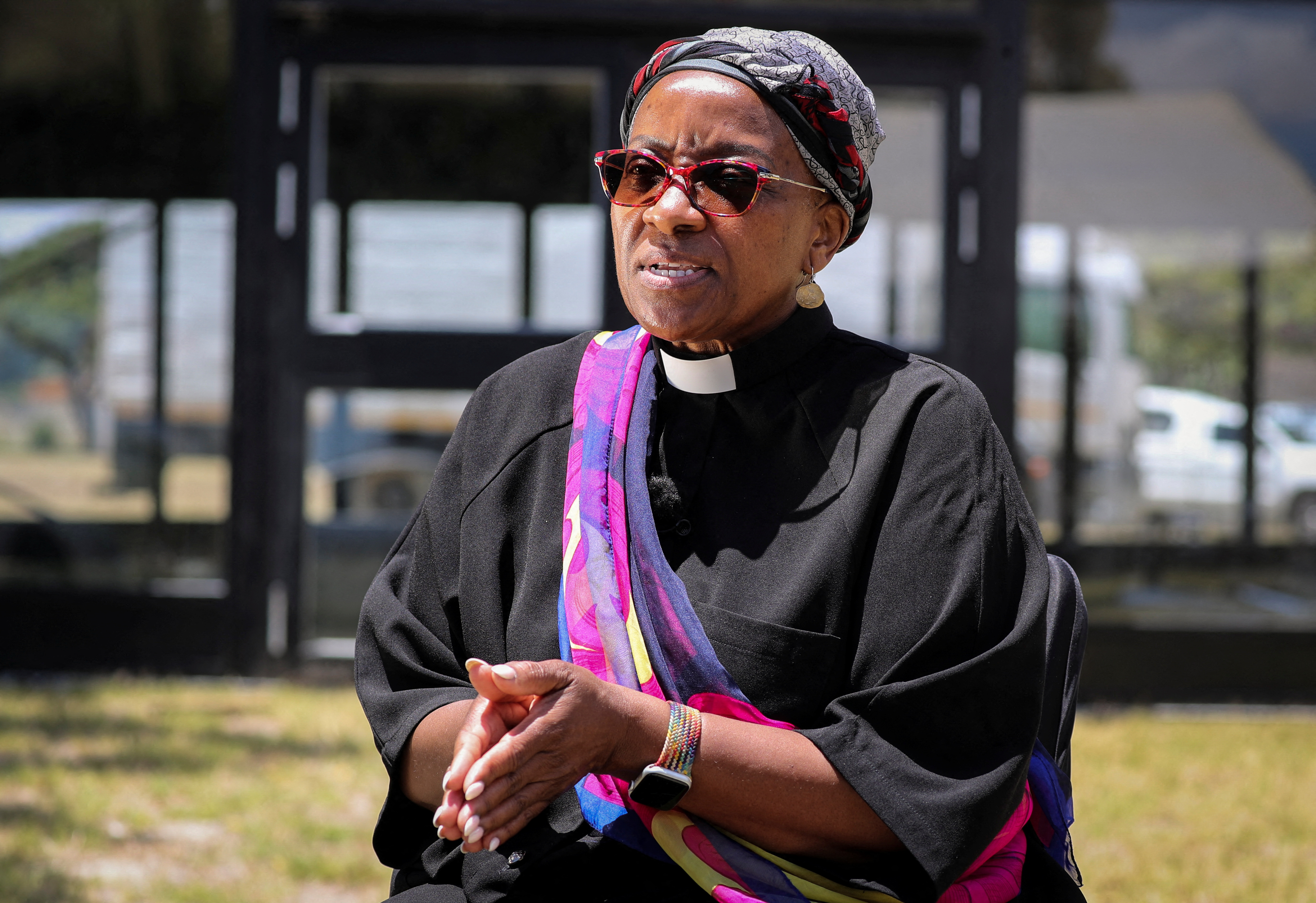 Nontombi Naomi Tutu speaks to Reuters about the death and legacy of her father Archbishop Emeritus Desmond Tutu, outside the Tutu family residence in Cape Town, South Africa, December 28, 2021. REUTERS/ Sumaya Hisham