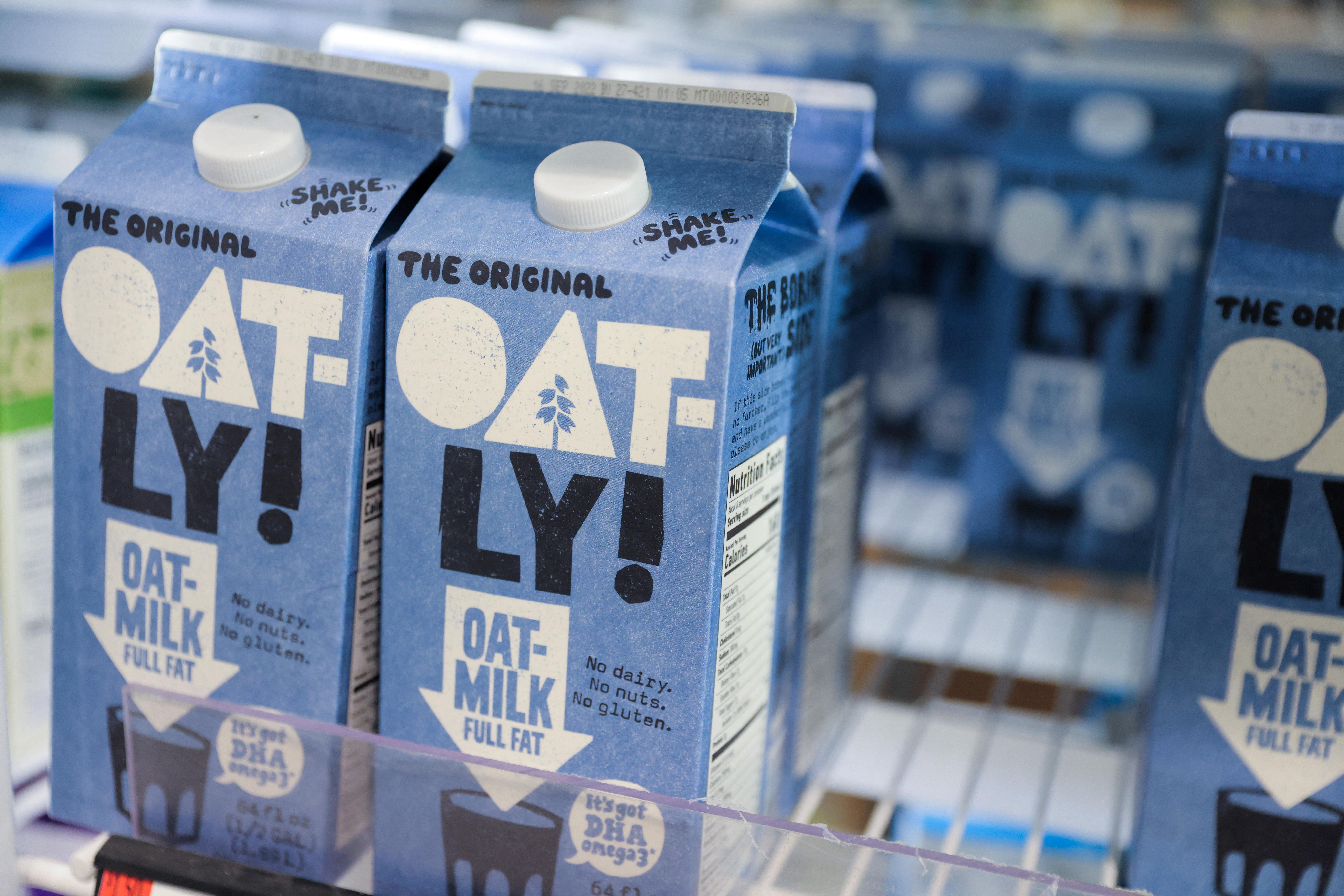 Oatly oat milk is seen for sale in a store in Manhattan, New York City