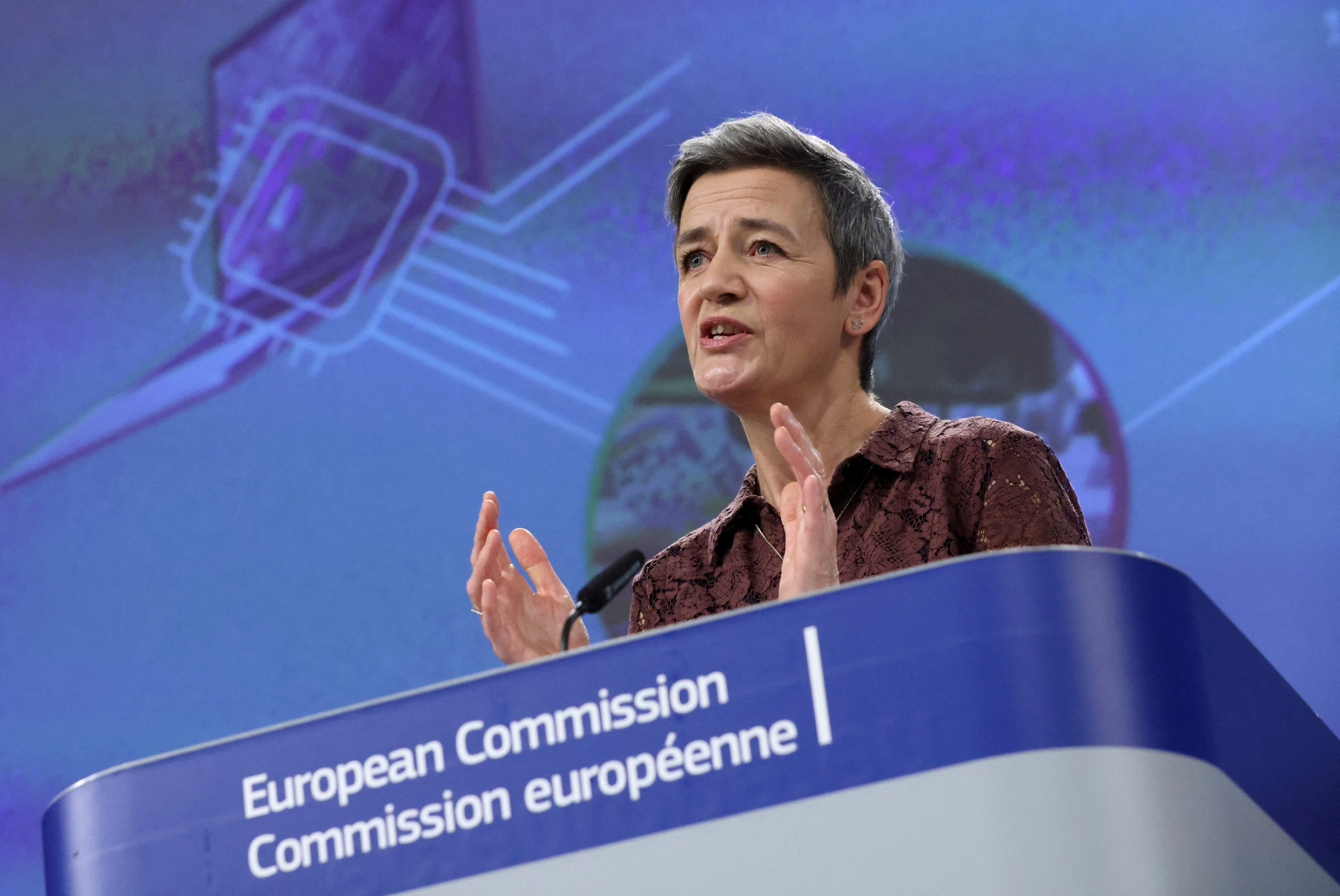 EU antitrust chief Margrethe Vestager holds a news conference in Brussels
