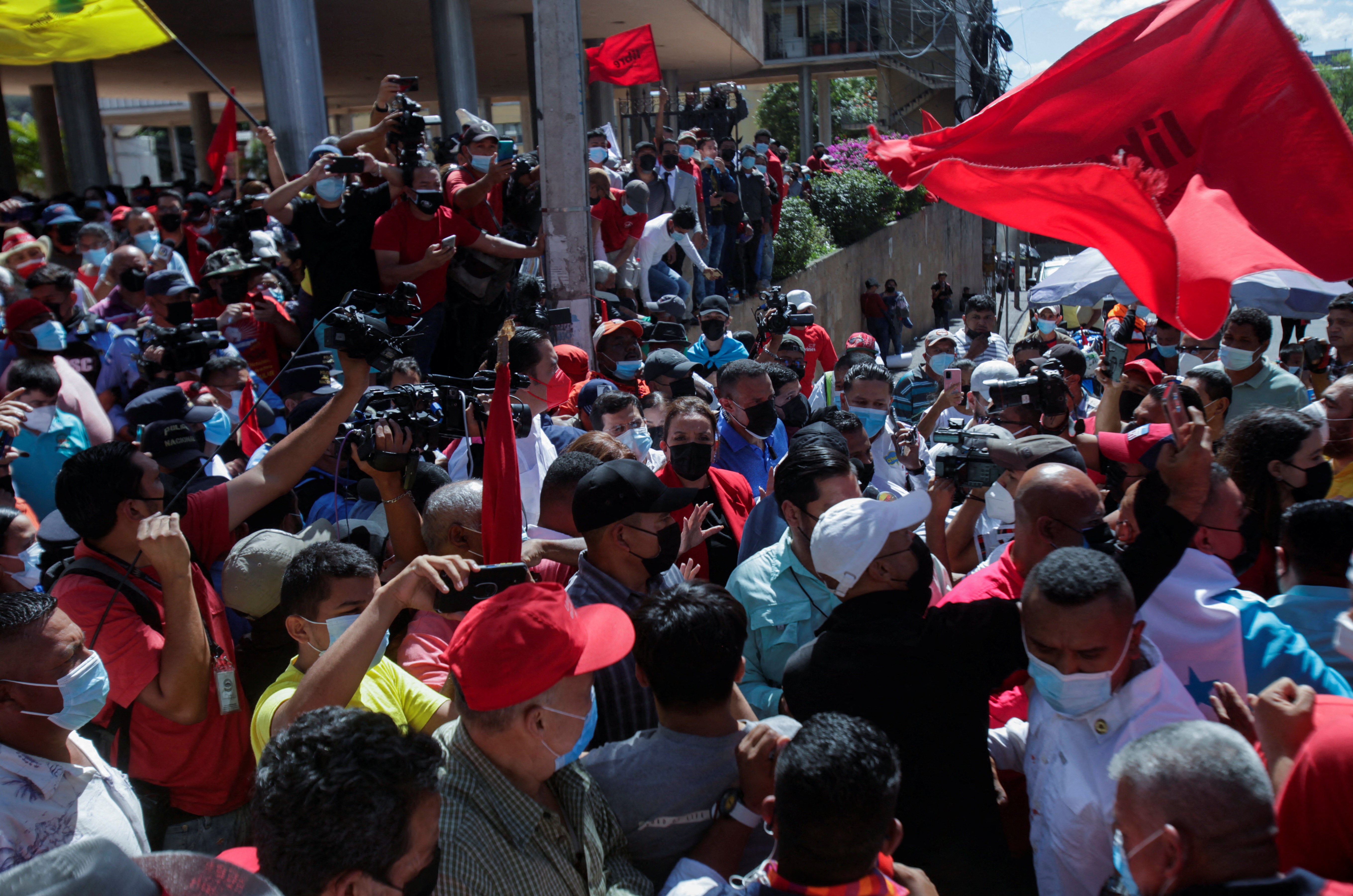 Supporters of Honduran President-elect Xiomara Castro take part in a demonstration outside the Honduran congress in Tegucigalpa