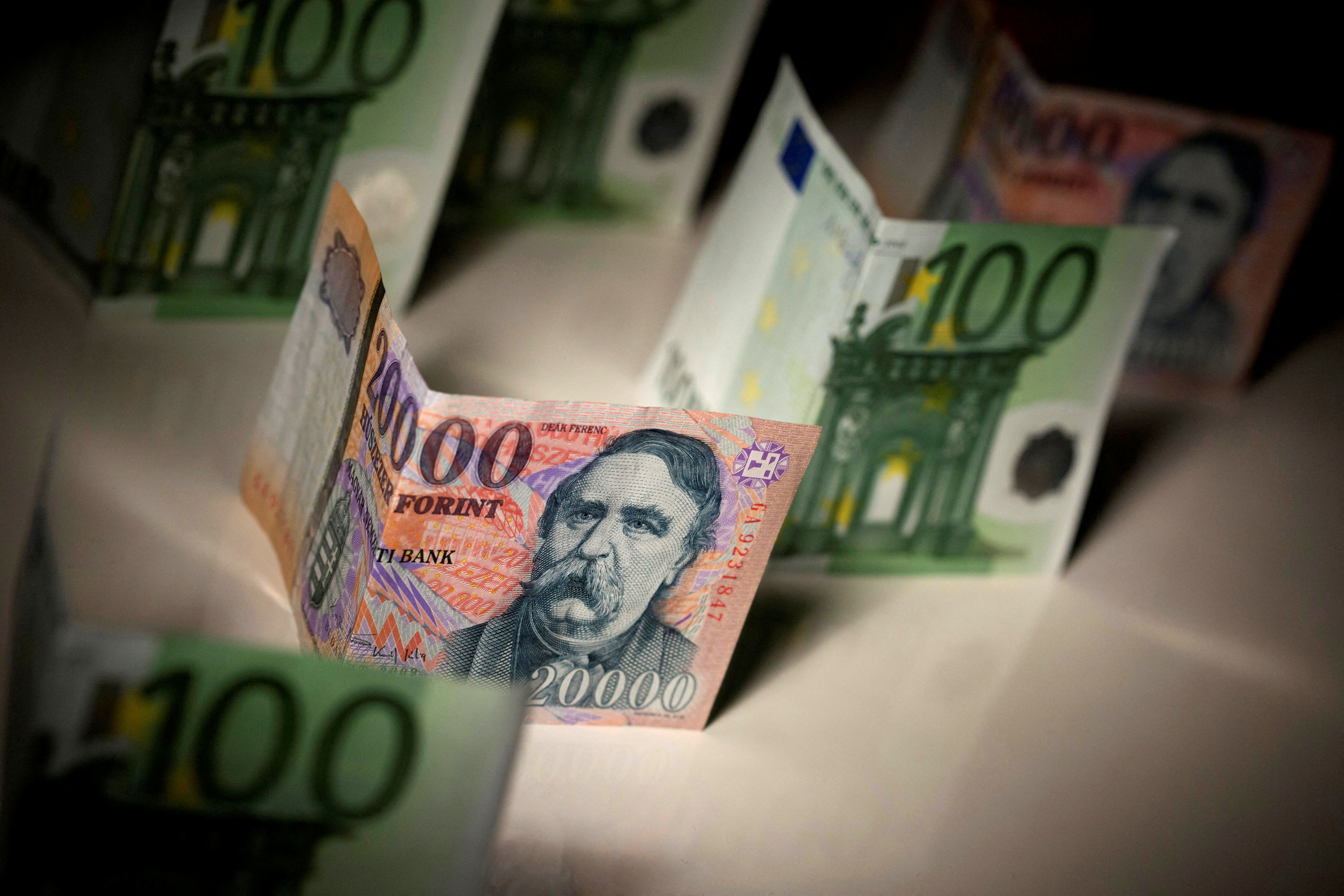 Hungarian forint and Euro notes are seen in this photo illustration taken in Budapest