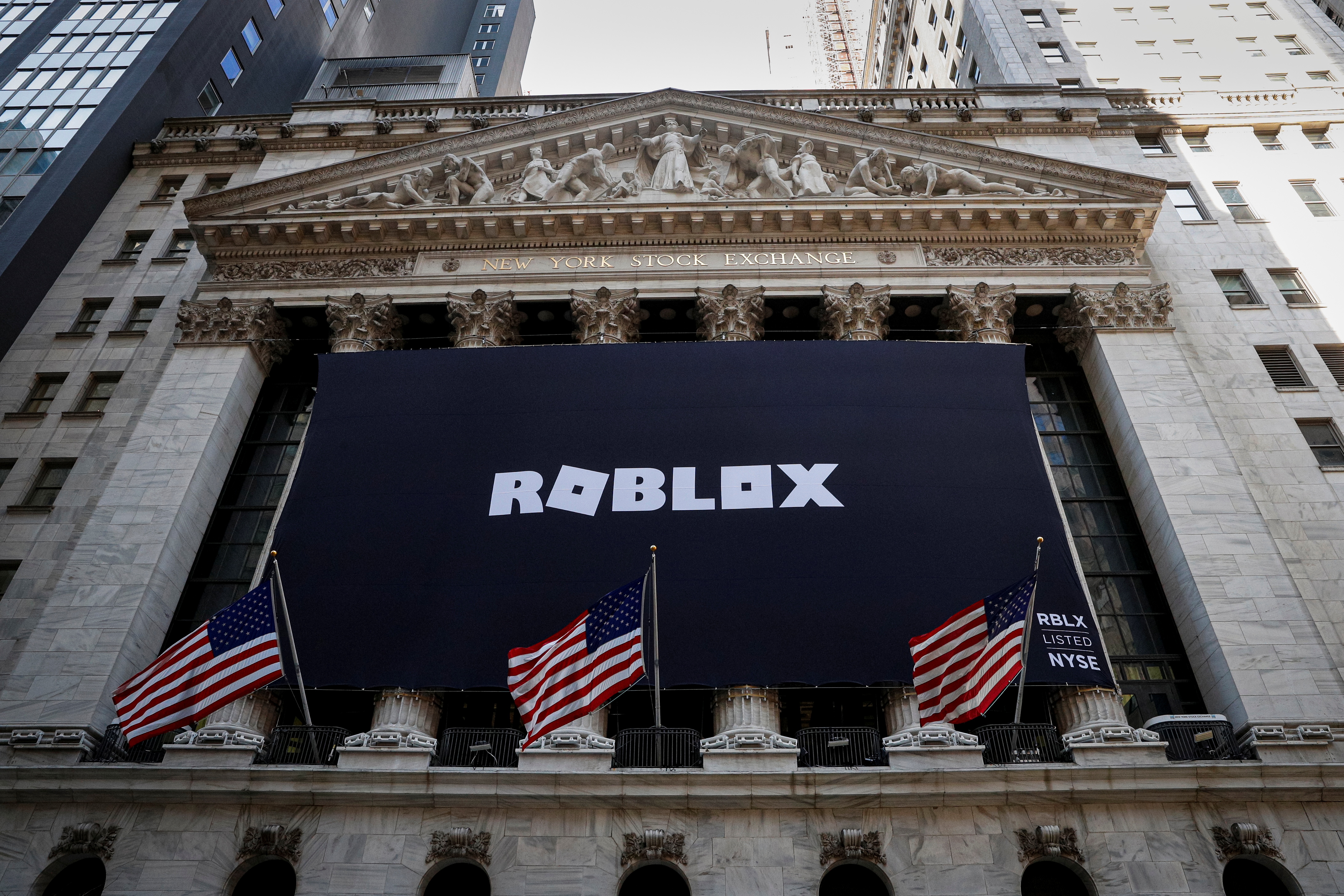 The Roblox logo is displayed on a banner, to celebrate the company's IPO at the NYSE is seen in New York