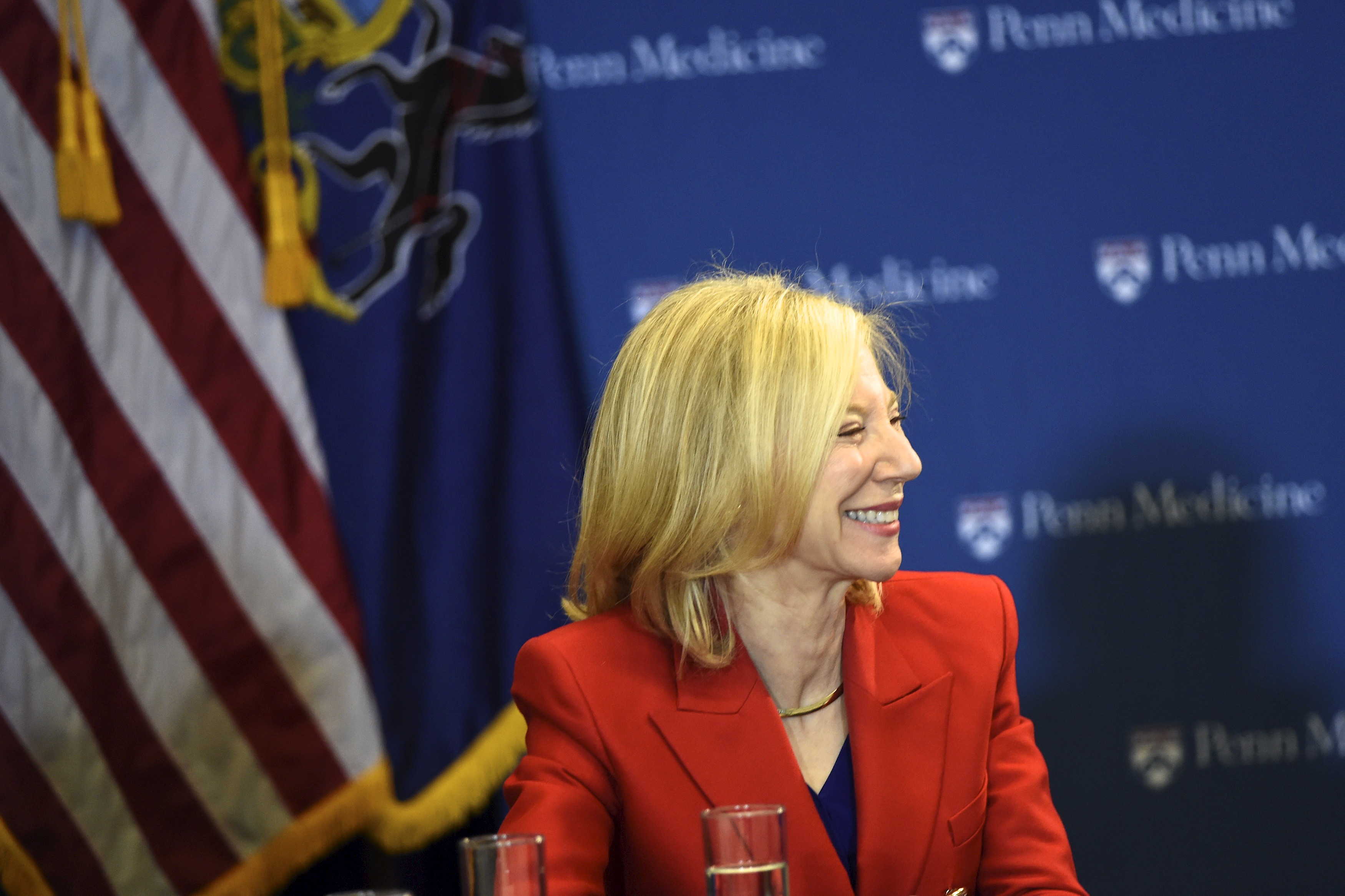 University of Pennsylvania President Amy Gutmann participates in a roundtable discussion with Vice President Joe Biden at the Perelman School of Medicine and Abramson Cancer Center in Philadelphia