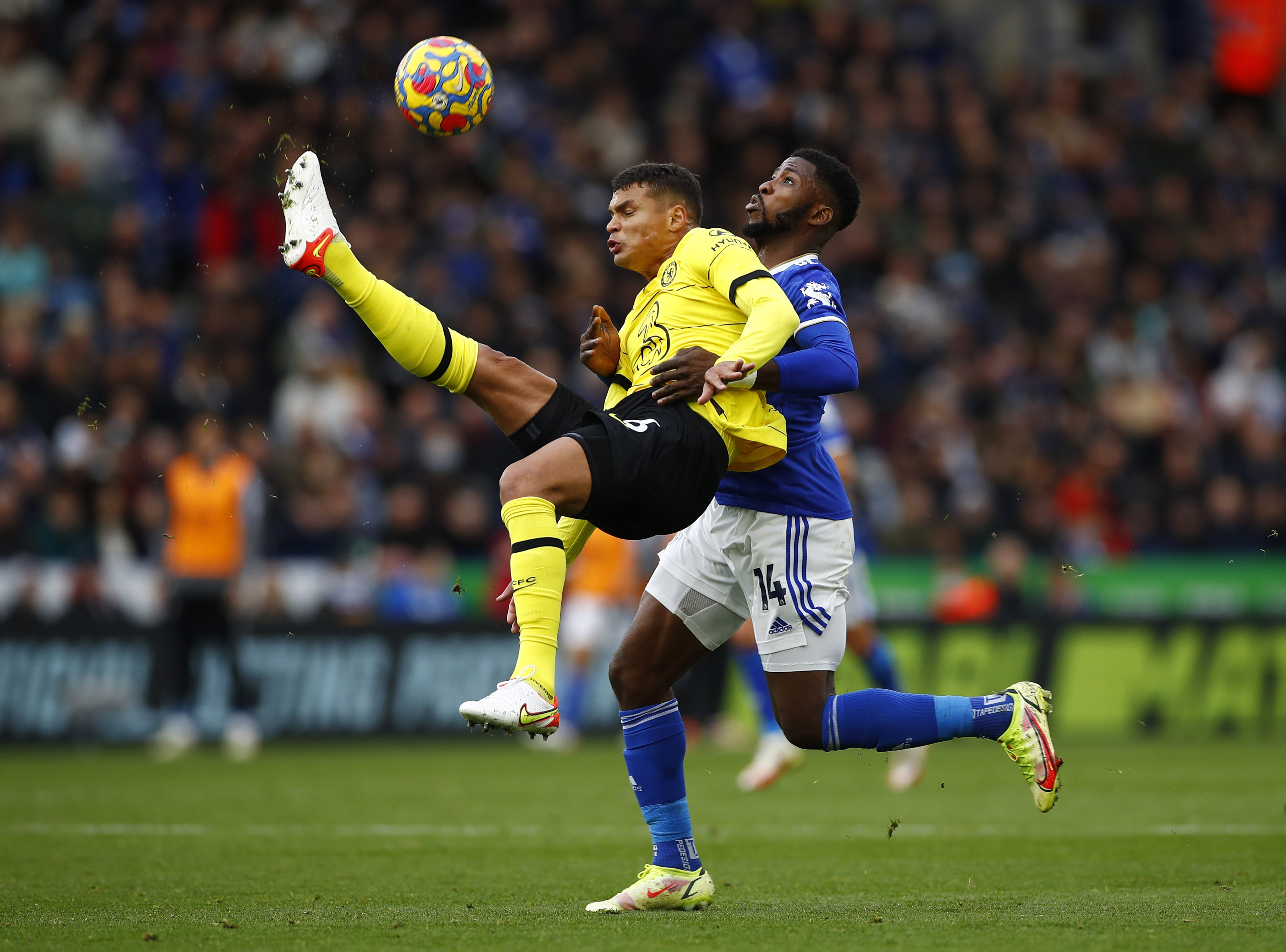 Soccer Football - Premier League - Leicester City v Chelsea - King Power Stadium, Leicester, Britain - November 20, 2021 Chelsea's Thiago Silva in action with Leicester City's Kelechi Iheanacho Action Images via Reuters/Jason Cairnduff 
