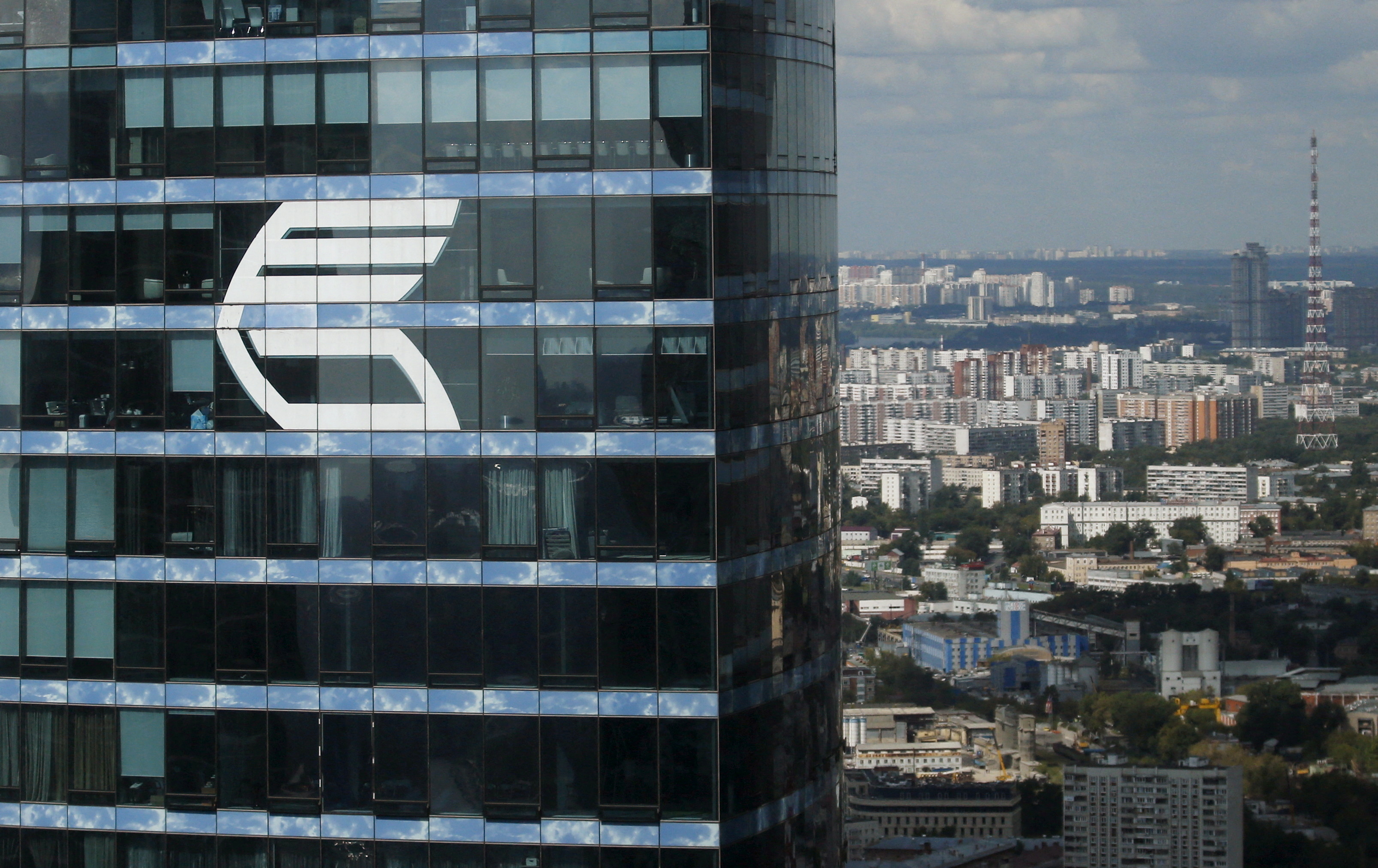 FILE PHOTO: File photo of logo of VTB Group seen on the facade of the Federatsiya Tower at International Business Center in Moscow