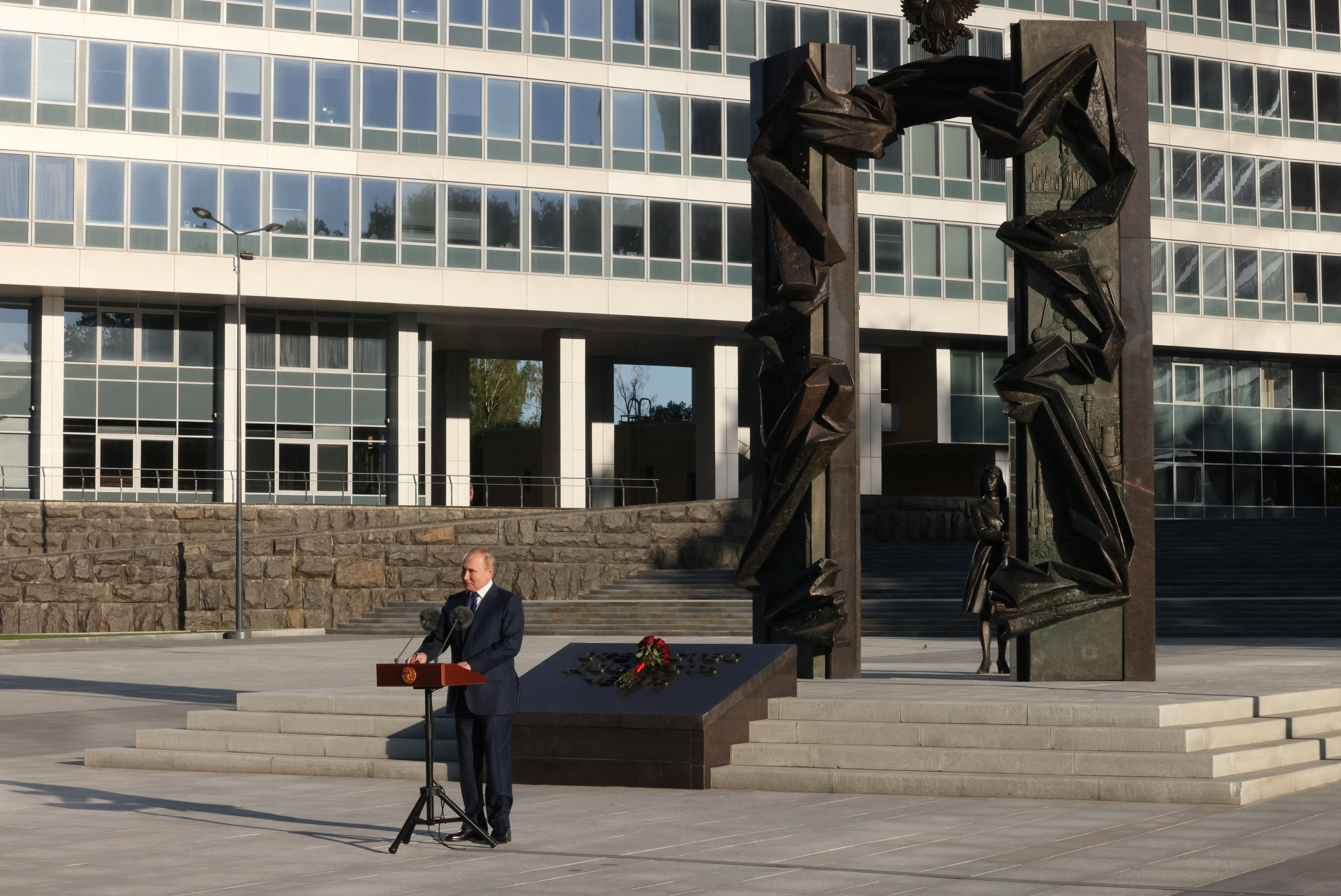 Russian President Vladimir Putin gives a speech near the headquarters of Russian Foreign Intelligence Service in Moscow