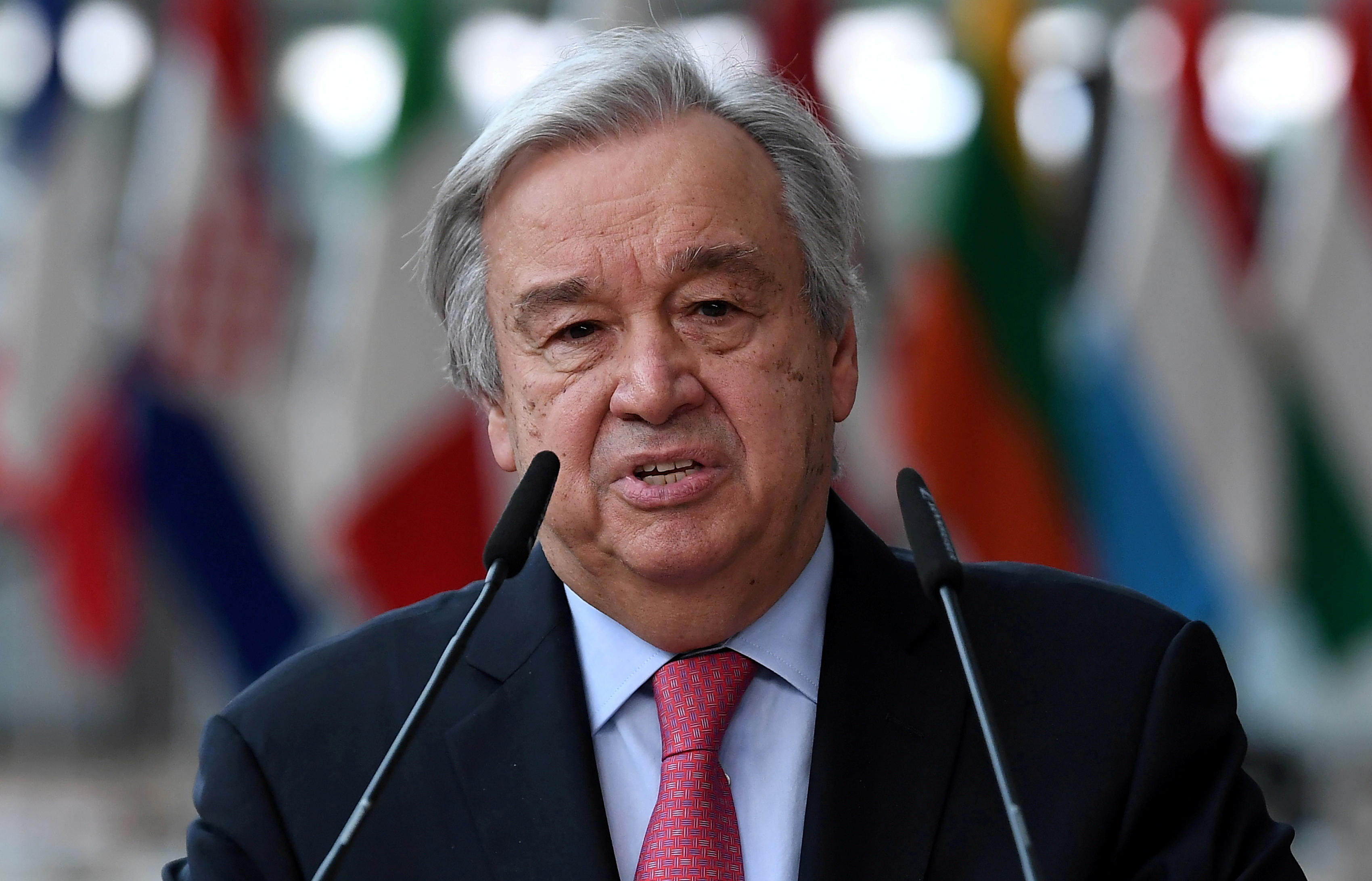Secretary-General of the United Nations Antonio Guterres addresses the media as he arrives on the first day of the European Union summit at The European Council Building in Brussels, Belgium June 24, 2021. John Thys/Pool via REUTERS